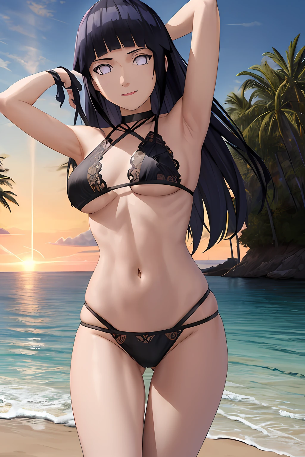 masterpiece, absurdres, 1girl, hinata\(shippuden\), solo, (intricate details), (colorful),cinematic lighting,bust shot,extremely detailed CG unity 8k wallpaper, charming smile, happy, black bikini, cloudy sky, palm tree, beach, ocean, sunlight, sand, skinny,