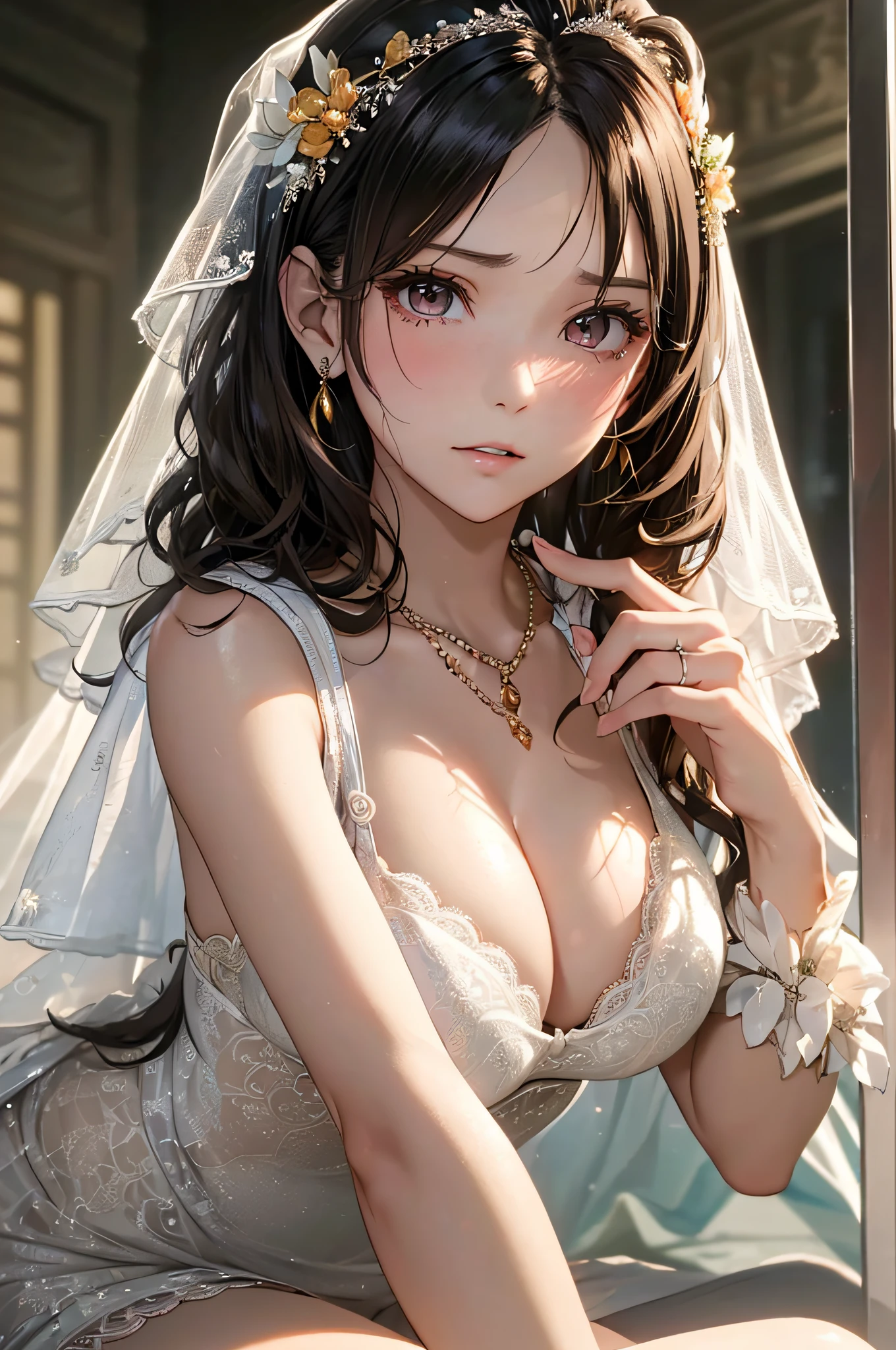 (masutepiece: 1.3), (max resolution: 1.2), (Ultra HDTV: 1.2), cinematric light, 8K resolution,
Detailed eyes and skin, detailed facial features, , (Sharp Focus: 1.2), (Focus on Face:1.2),Perfect Style, Beautiful face, acurate, Anatomically correct, Highly detailed face and skin texture, Detailed eyes, Double eyelids, Thin eyebrows, Natural cheeks, Glossy skin, Fair skin: 1.2, (Glossy lips: 1.4),、 (Shy look: 1.2),Highly detailed facial and skin texture, Detailed eyes, Double eyelids, Natural cheeks, , shiny lips: 1.4,Exposed cleavage、(A large amount of sperm in the chest:1.4)(Large amount of sperm in the thighs:1.2)、
red blush、humiliated、impatience、dismay、Frightened、glares、Tears、embarrassed from、Open knees、open one's legs、Masturbation behavior、masturbation、rubbing the genitals with fingers,,,,,,,、
White underwear、White bra、Shiny little earrings and necklaces、、Disheveled clothes、Dressing、Exposed panties、Wearing sweat、sodden、Sheer underwear、
25 years old, Neat and clean woman 、Wavy Hair、 Semi-long hair, Big, upturned breasts, Sitting on the floor, chies、Golden hair、Green ash eye,(weddingdress:1.5)、veils、