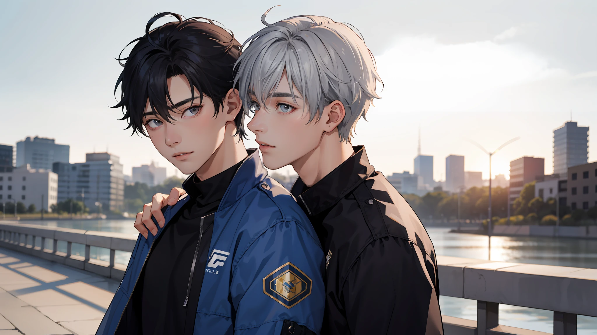 In the background is a silver city Two 15-year-old teenage friends with blue hair, With Latin skin and light gray hair on the outskirts of a large silver city they are talking about an important topic they are friends almost like brothers.................