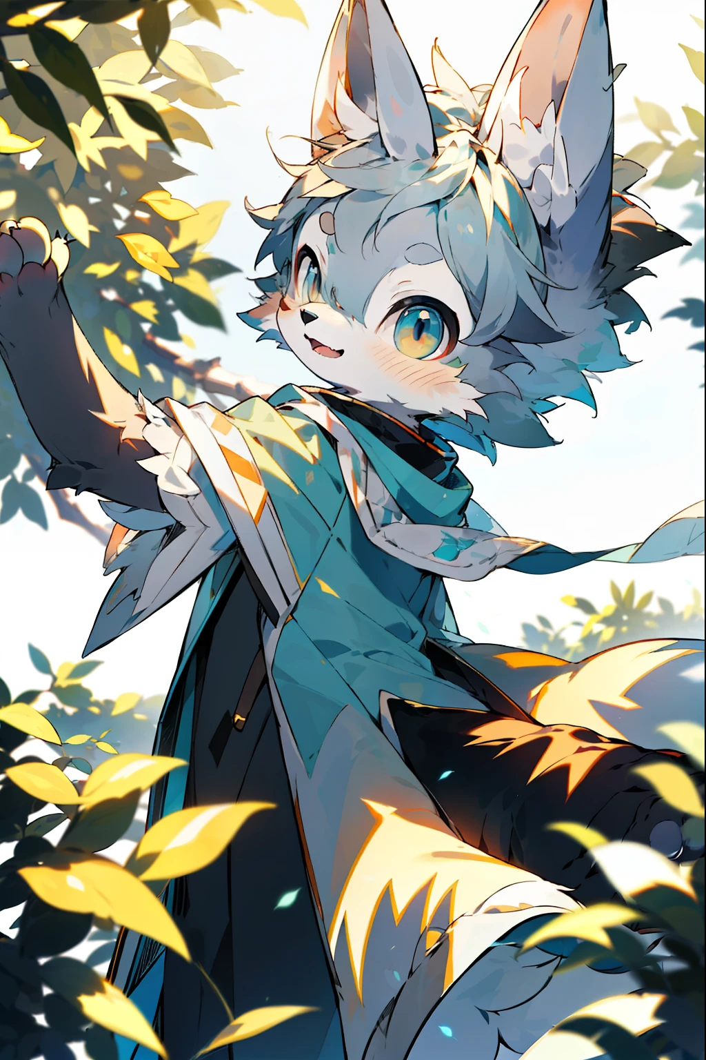 depth of fields，lighting perfect，light particules，（best qualtiy），（tmasterpiece），（ultra - detailed），Sharp focus，light particules，niji，eyesgod，Blushlush，brown_eyes，looking_at_viewer，smile，solo，furry，animal_ear_fluff，open_clothes，Arms back，The upper part of the body，coda，rays of sunshine，The tree，with her mouth open，from below，Arms back，catss，cat paws，blue color eyes，Gray hair color