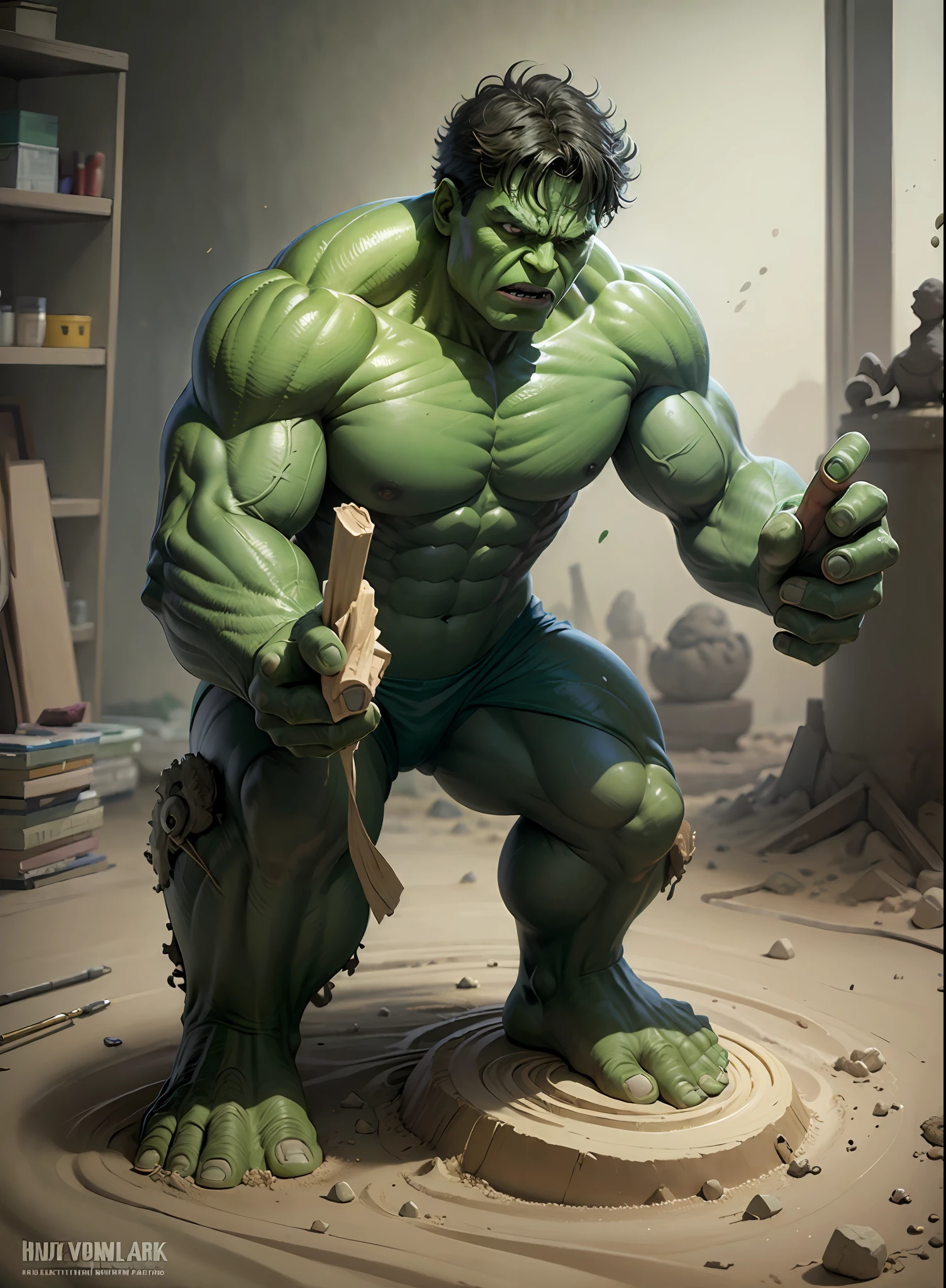 (best quality:1.33), (masterpiece:1.42), (realistic:1.24), (detailed:1.15), 1hulk, hulk create a sand statue