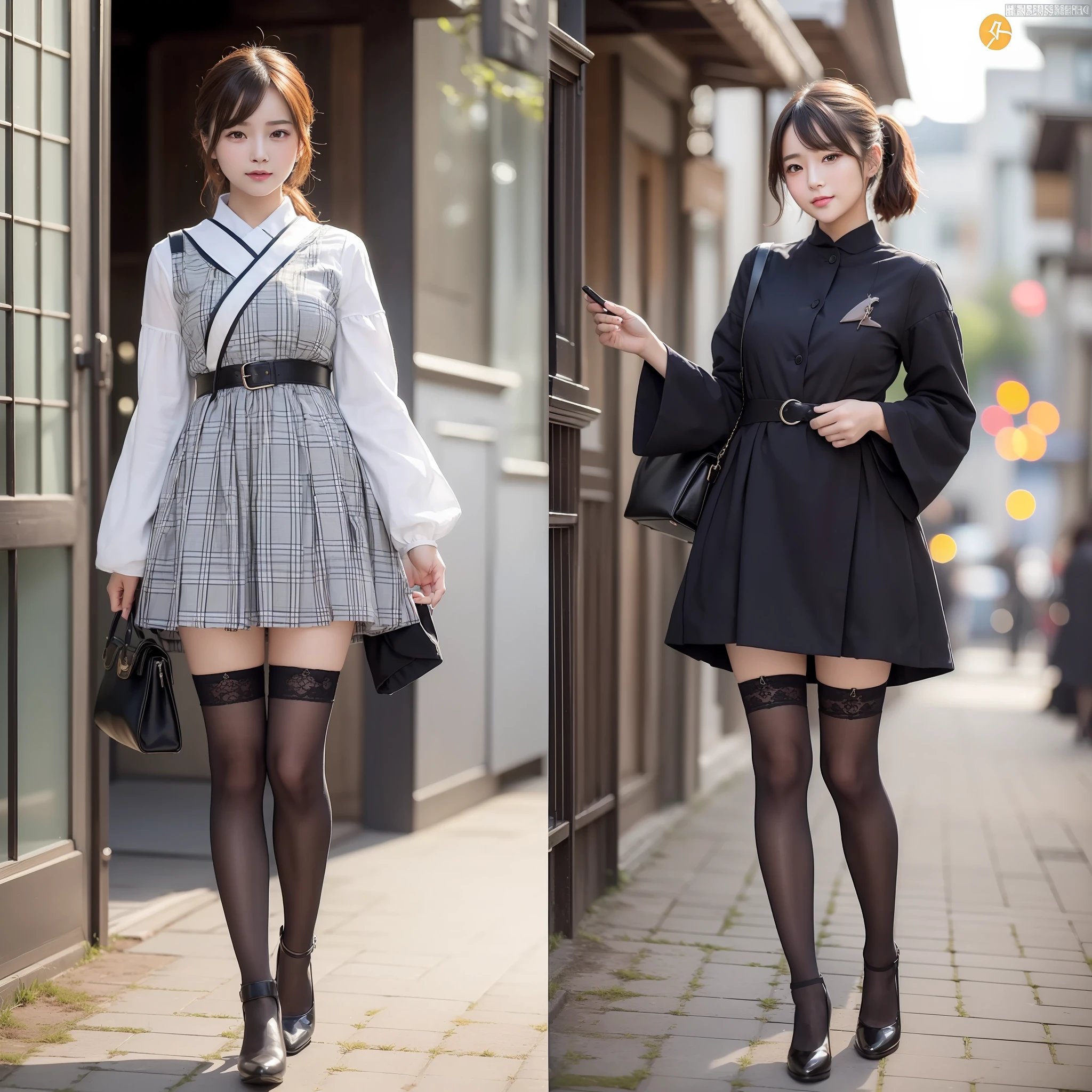 ((top-quality、in 8K、​masterpiece、Photorealsitic:1.3、realisitic))、1girl in、beautiful japanese female、adult lady、Beautie、adult-like、Gentle face、A slight smil、Full body posture、knee high stockings、accessorized、high-heels、doll、