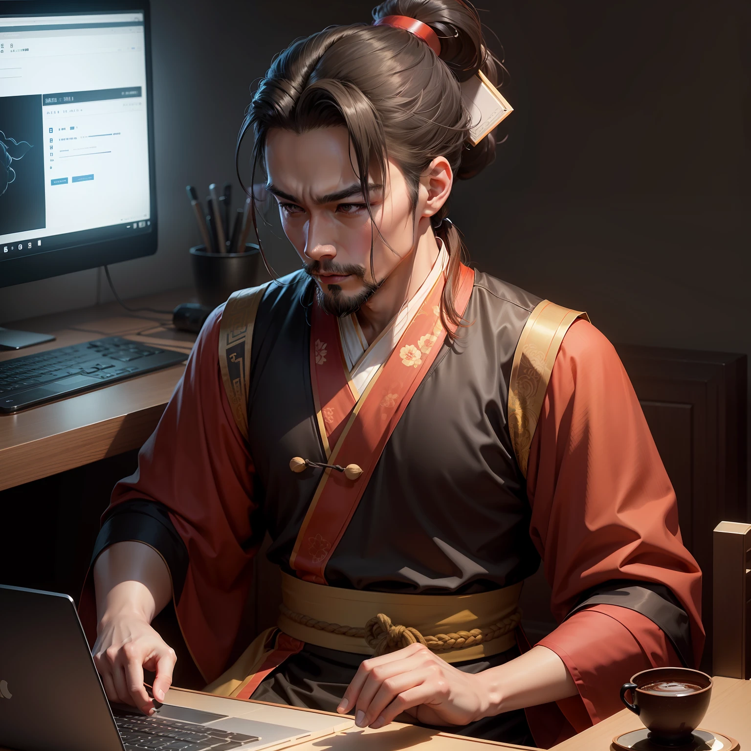 Generate a picture of a man playing with a computer。The man needs to wear Chinese Hanfu,Hairstyle is ponytail,Be more languid。