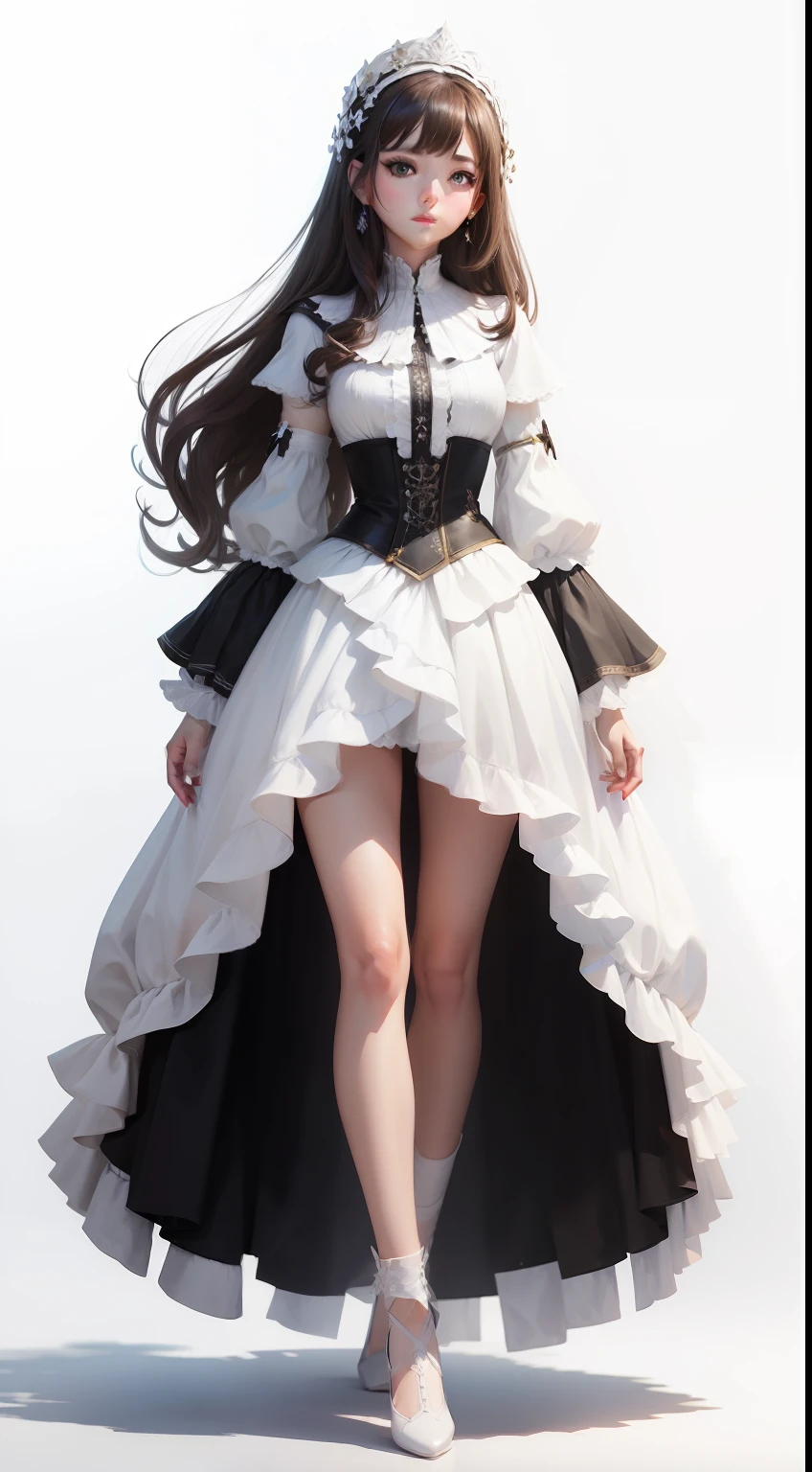 [(white background:1.5),Mobile game standing painting,a beauty girl,White background,The whole body includes the feet,brunette