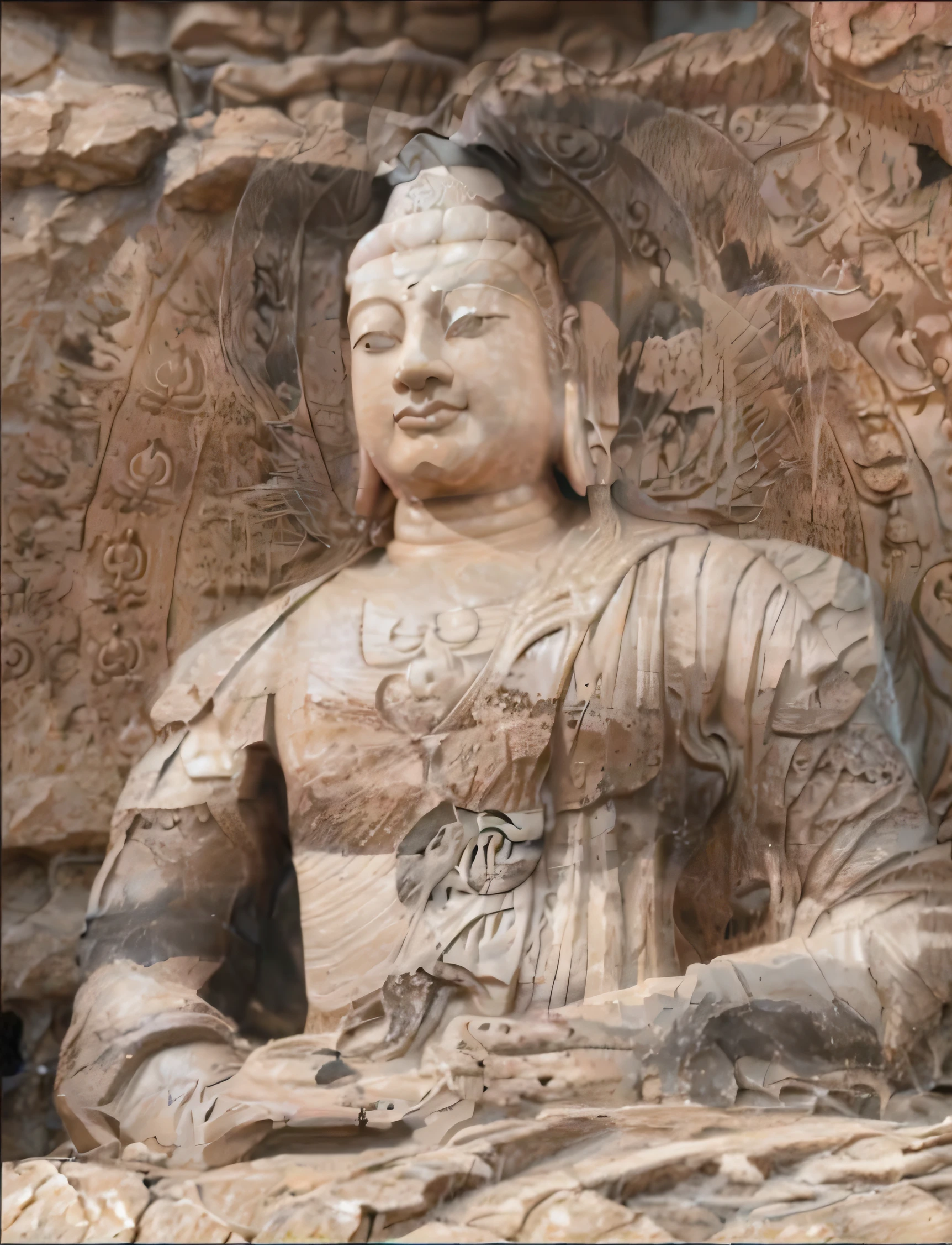 a close up of a statue of a person with a hat on, Mogao Grottoes, Buddha, Buddhist, a Buddhist Buddha, buddhist architecture, Buddhism, Ancient Chinese architecture, buddhist art, intricate stone carvings, highly detailed carvings, stone carvings, giant clay statue, huge statues, large stone statues of heroes, photograph taken in 2 0 2 0, 4 0 9 6 ,Copper-colored face,Copper,Copper-colored facial skin,Copper-colored facial fullness, peaceful expression,Realphotos,8K quality,hyper HD