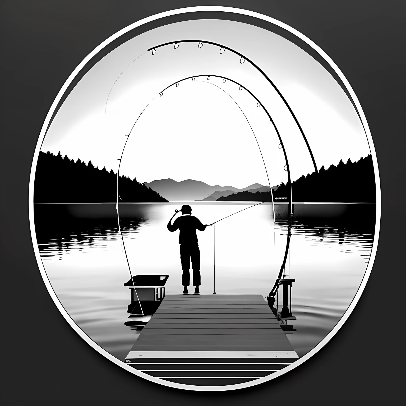 Fishing, lake, fishing pole, line art, black and white, 4k, sticker