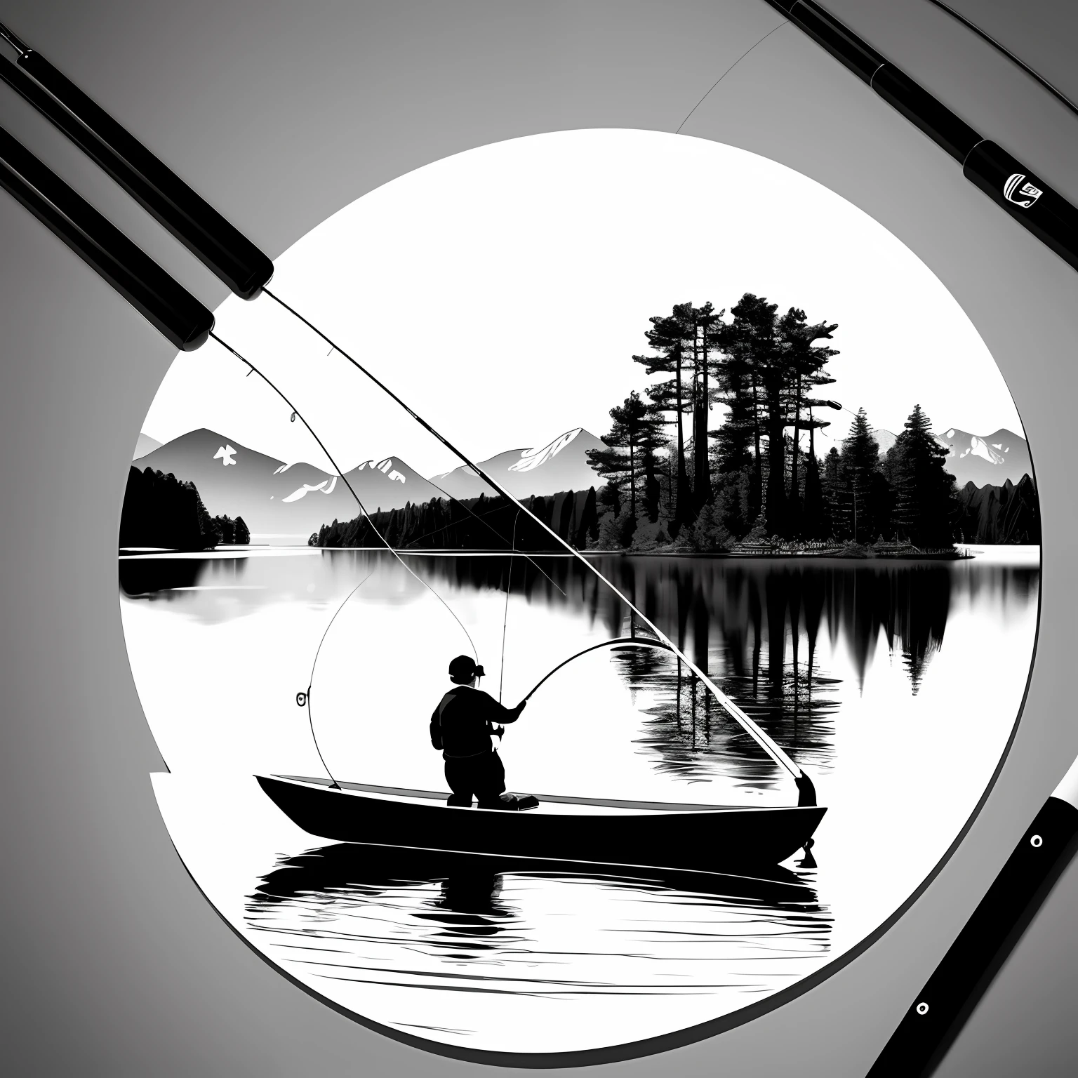 Fishing, lake, fishing pole, line art, black and white, 4k, sticker