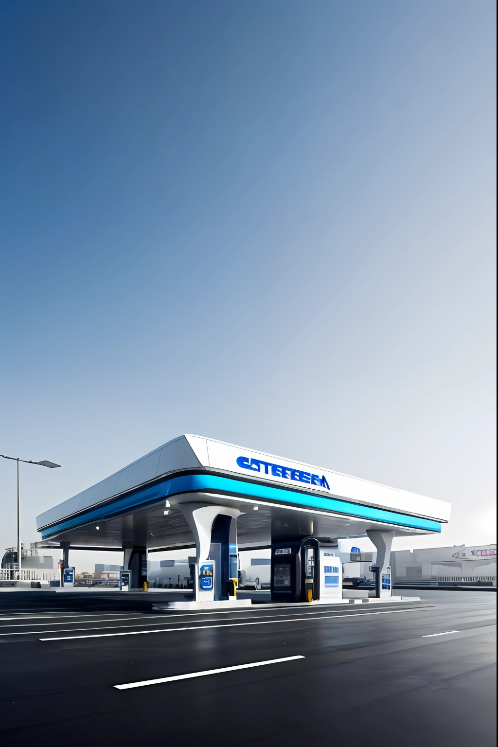 ((masterpiece, best quality)), 8k,gasstation,A gas station, modern architectural style, photographrealistic, hyperedetailed photo, Clean skies, Ruined city, cyber punk perssonage, Sateen