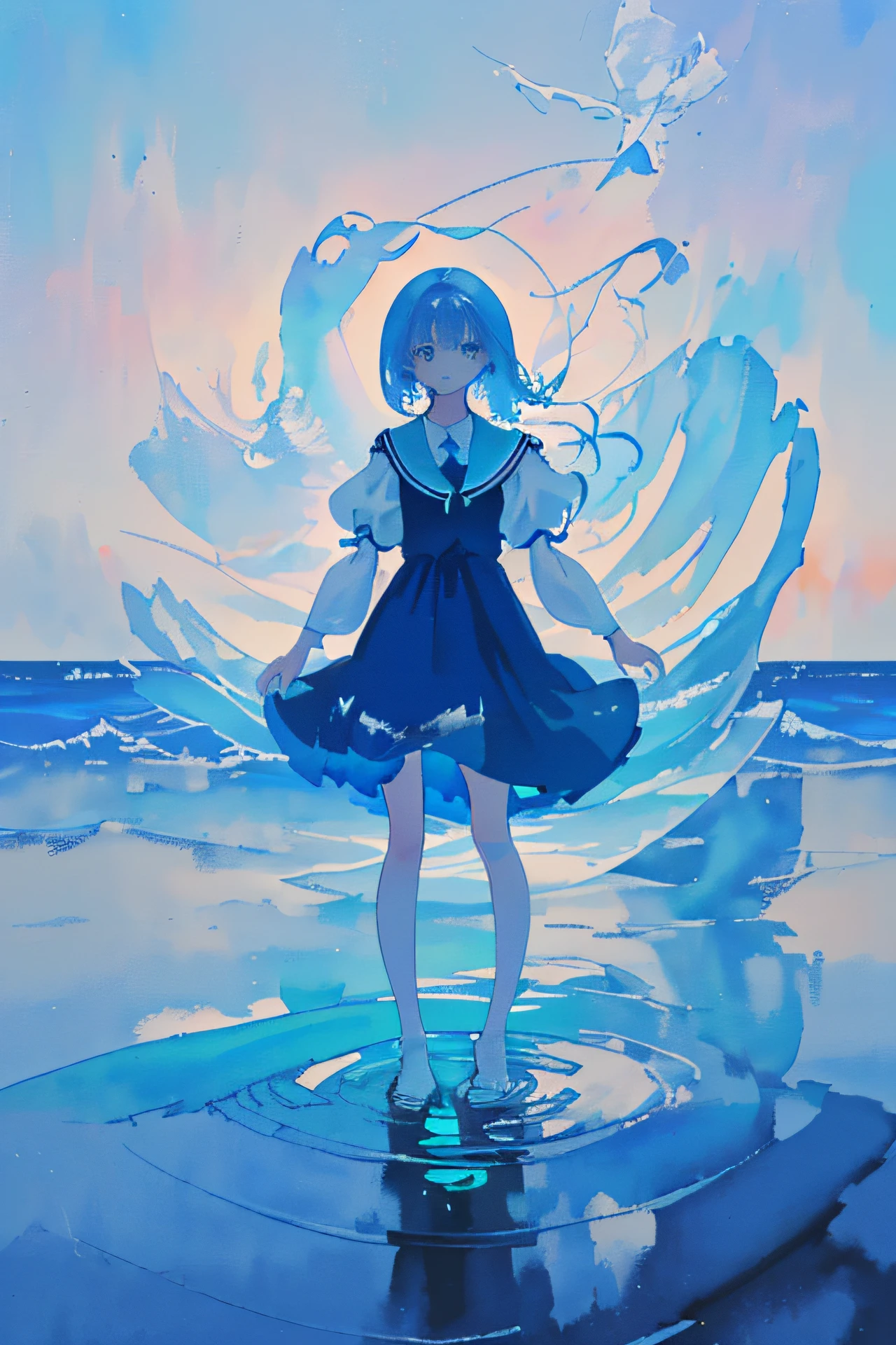 Draw a girl in a blue dress standing on a blue wave, Anime girl walking on water, rippling with magic, Water painting, walking on the water, Deformed illustration, Ripple magic, inspired by Alice Prin, surreal water art, stands in a pool of water, detailed watercolour, standing in a maelstrom, watercolor pen drawing, Artistic illustration