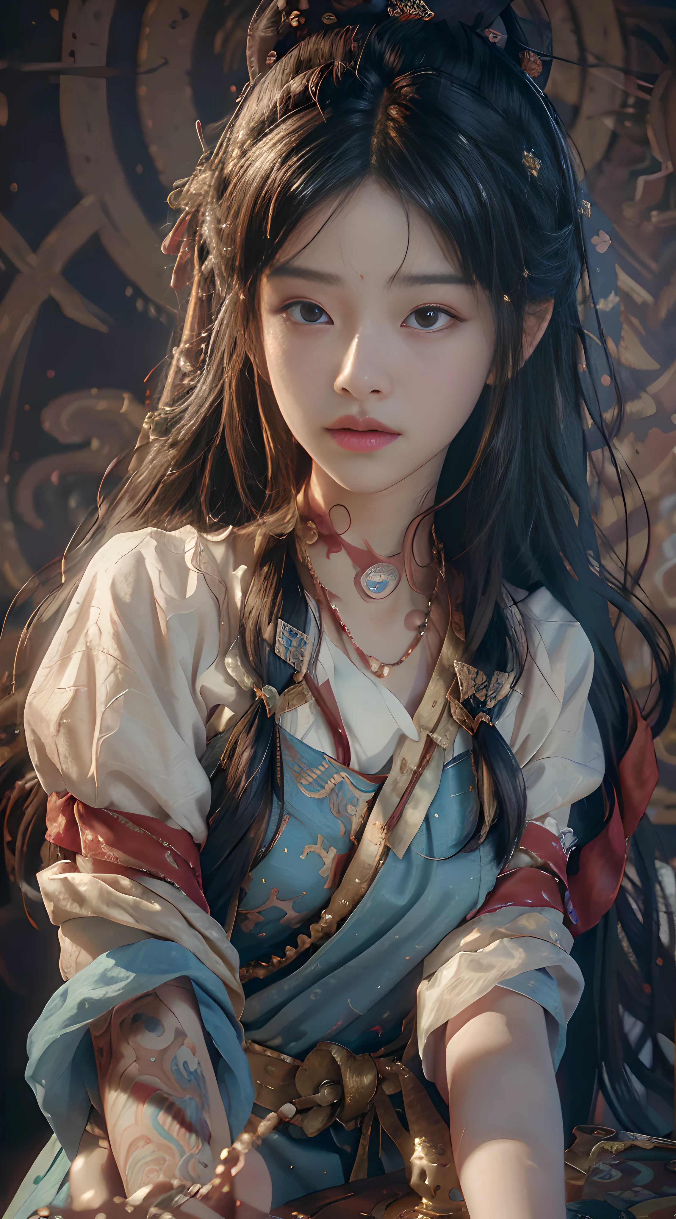 (RAW photo, best quality), (realistic, photo-realistic:1.3),best quality,highly detailed,masterpiece,ultra-detailed,illustration,1girl,upper_body,dynamic angle,world masterpiece theater,messy_long_hair,best quality,extremely detailed CG unity 8k wallpaper,ink,Amazing,cinematic lighting,lens_flare, dunhuang_style