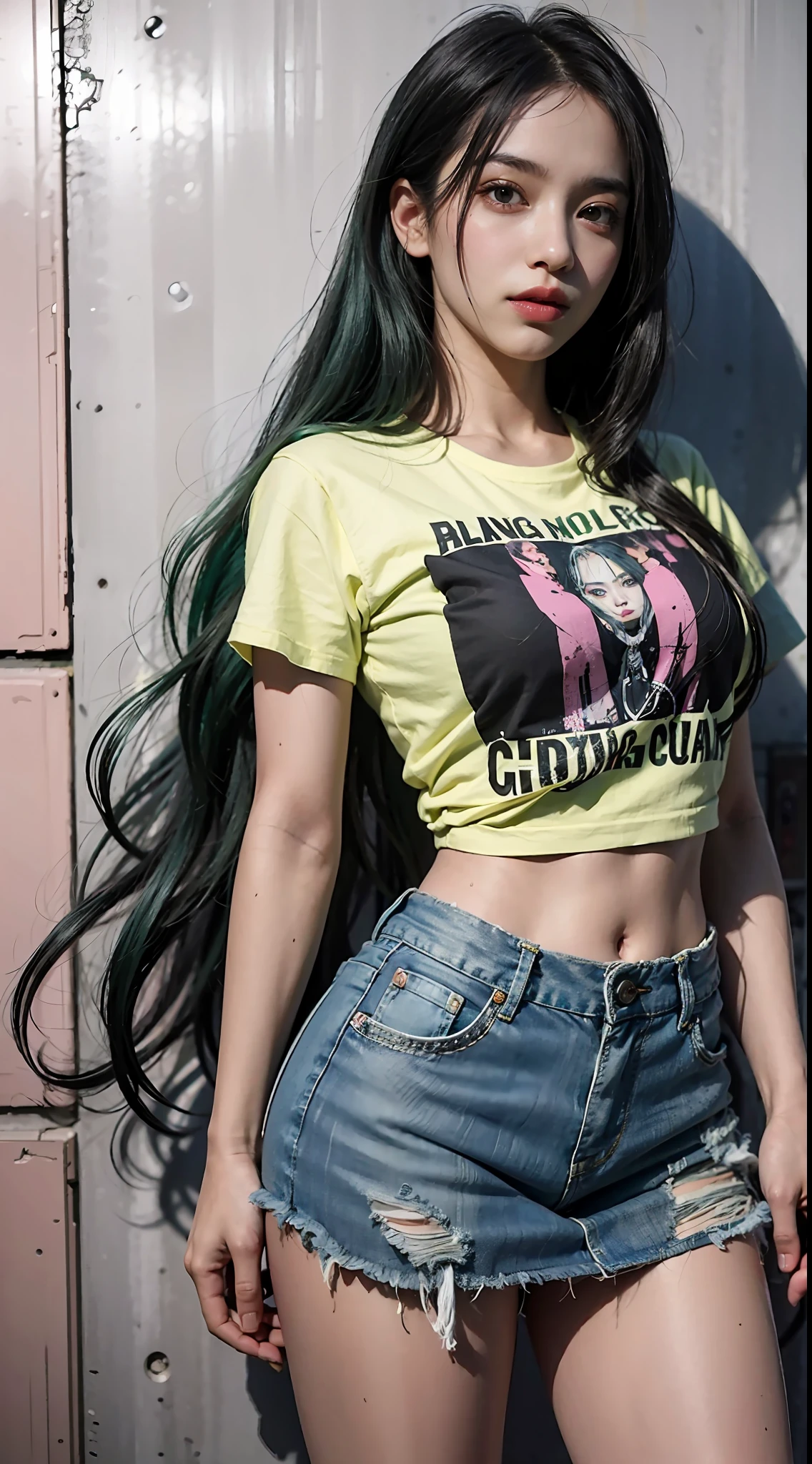 She has long green hair,Wasteland punk style,Wearing a pink green T-shirt,Denim skirt,Long legs,Black-gray tones,Shabby poster wall with background,tmasterpiece,Need,photorealestic,k hd,photography lighting,16k