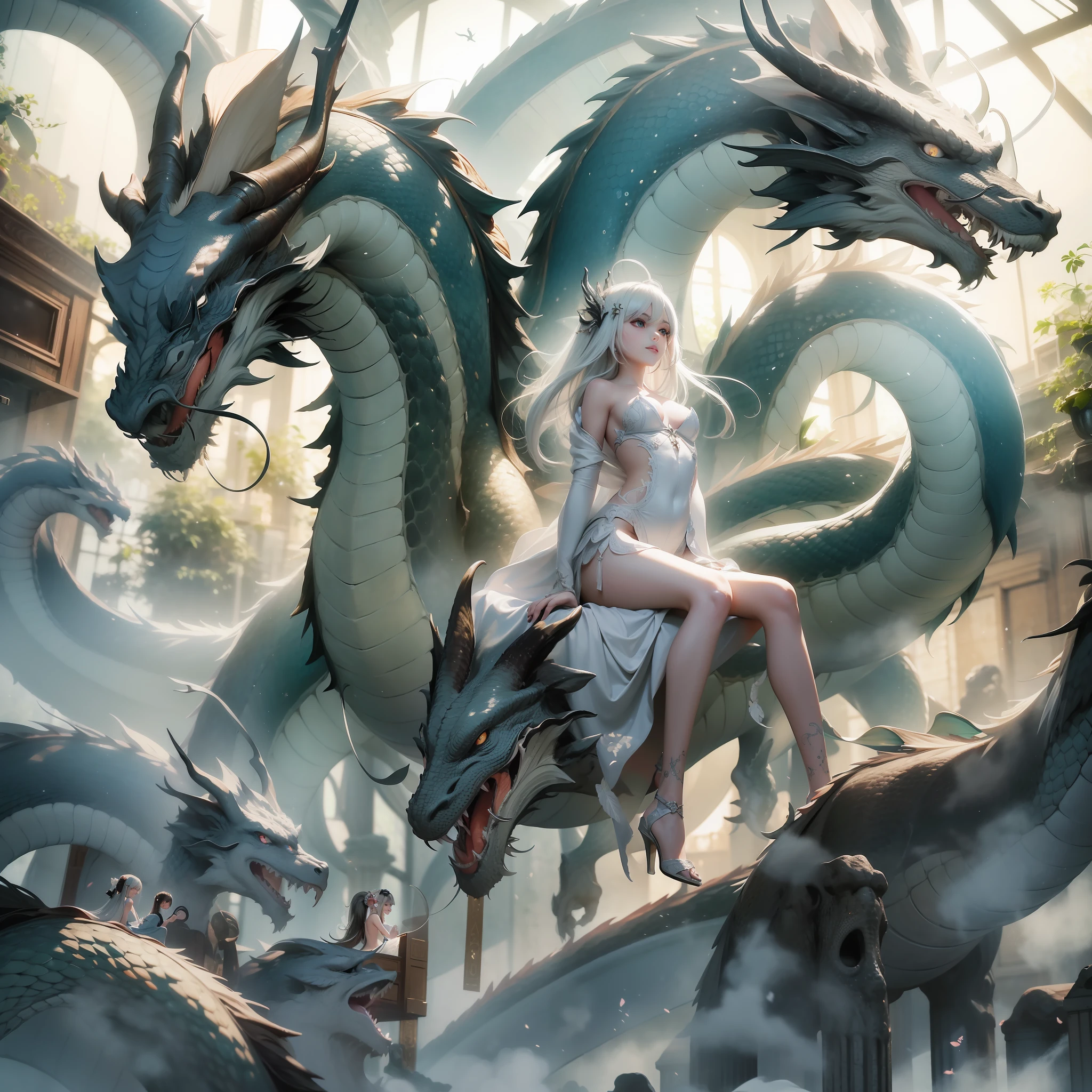 Dragon_Real，offcial art，（ 8K quality，tmasterpiece，best qualtiy，ultra - detailed），best illuminate，（The best shadow，Extremely delicate and beautiful bloom），The girl is surrounded by dragons，perfect body figure （1female：1.4），nedium breasts，full bodyesbian，white dresses，（sermon：1.4），（（Sexy high heels）），（Silvery-white hair）