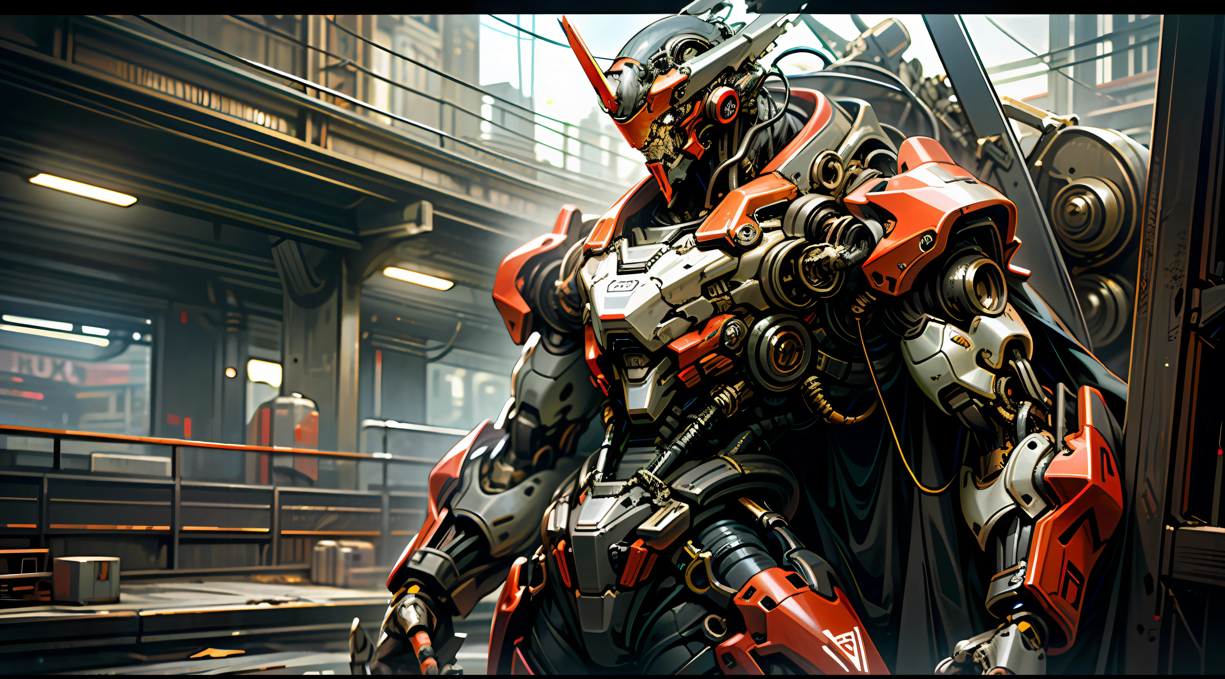 Dark_Fantasy,Cyberpunk,(chain saw,chain saw man,Red:1.1),1man,Mechanical marvel,Robotic presence,Cybernetic guardian, wearing a worn-out mech suit, intricate, (steel metal [rusty]), elegant, clear focus, shot by greg rutkowski, soft lighting, vibrant colors, masterpiece, ((street)), cowboy shot, dynamic pose,