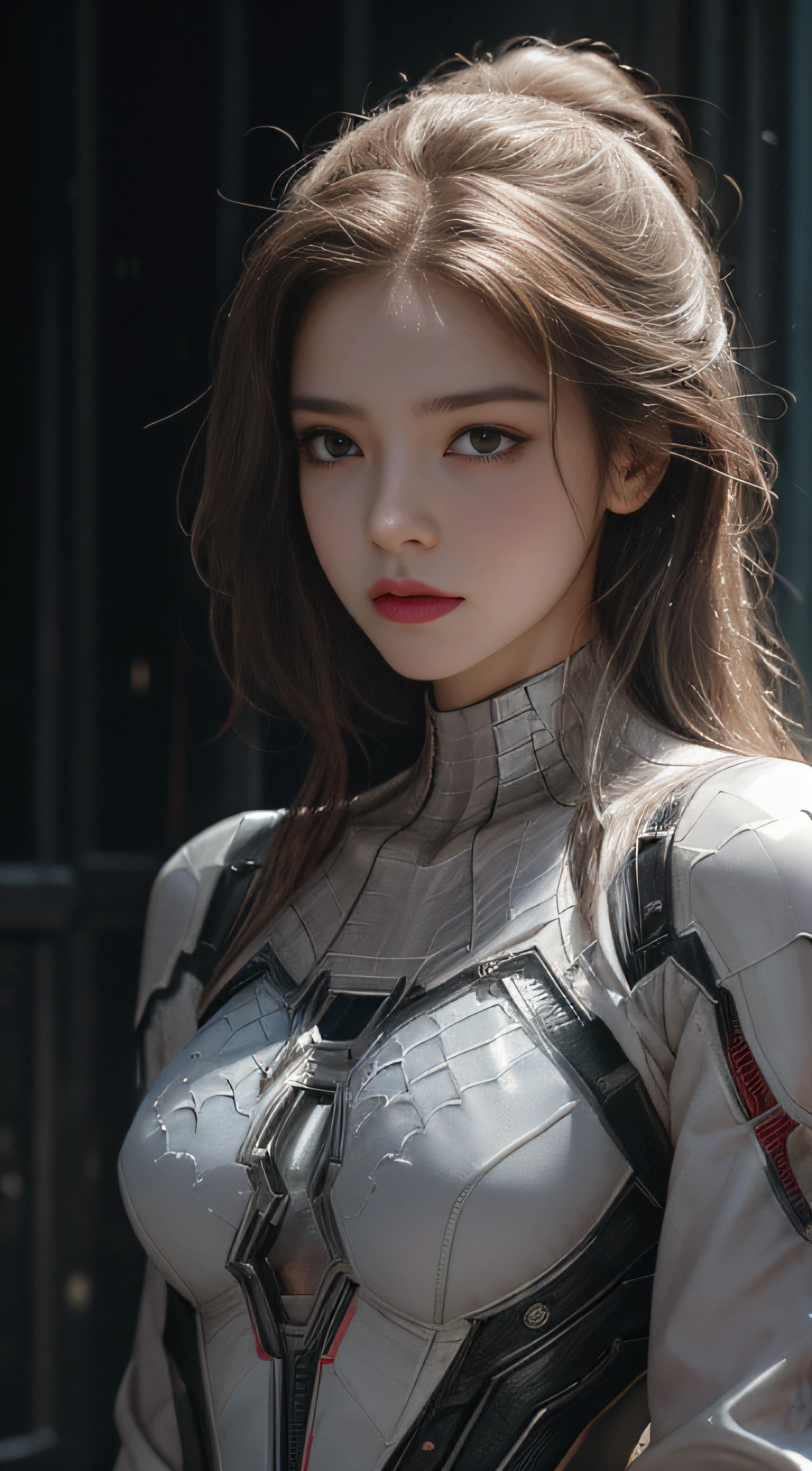 A mech girl，He has a delicate and beautiful face，（（White cyborg body）），Spider-Man from Marvel，filmgrain，Clothes are soaked，It was drizzling