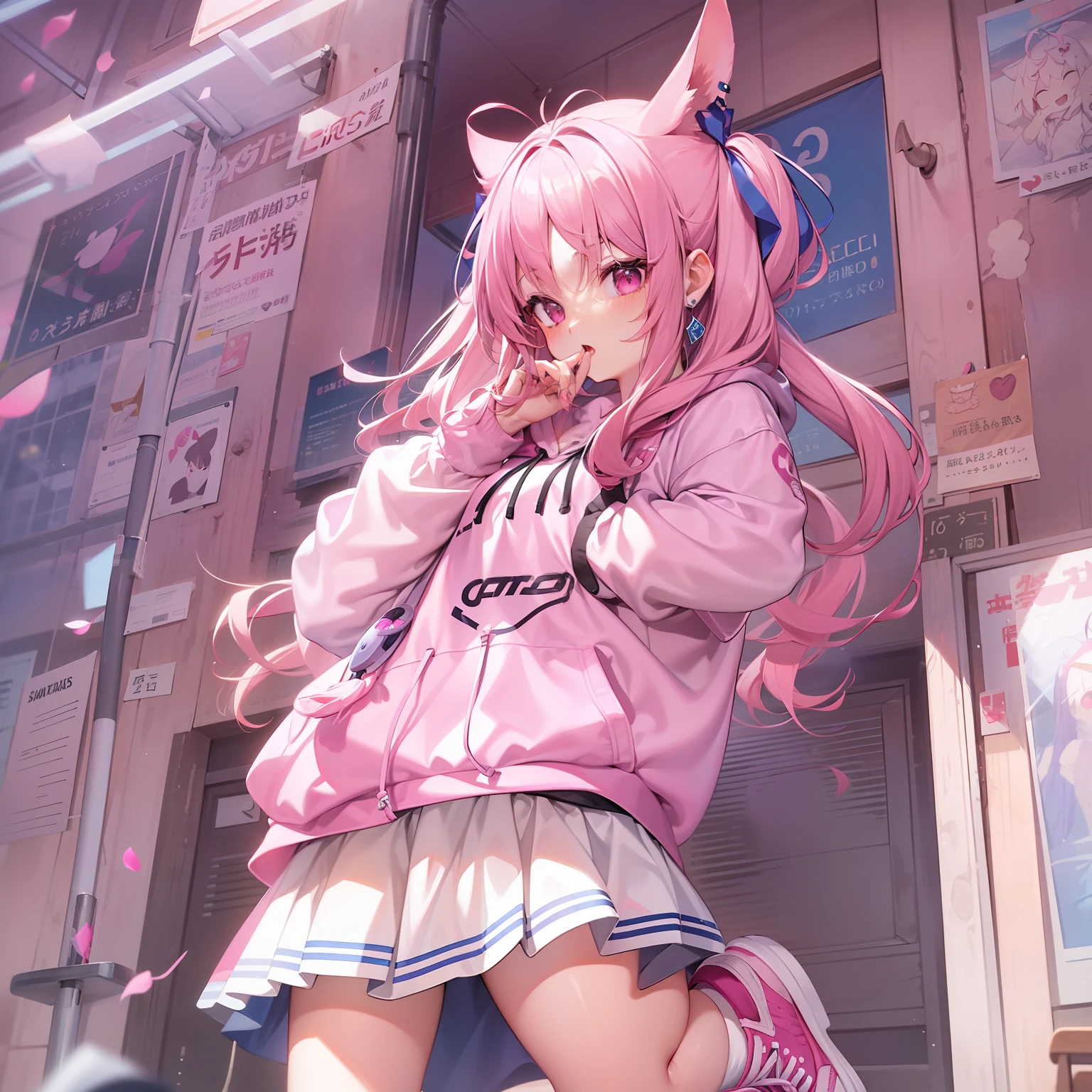 Anime style、女の子1人、full body Esbian、show the grinps、{hairstyle on：（Pink hair)、(Longhaire),(Twin-tailed),(Antenna Hair)}、Pink eyes、pink hoodie、Four-leaf earrings、pink miniskirt、White High Socks、to stand、Pink sneakers、Front composition