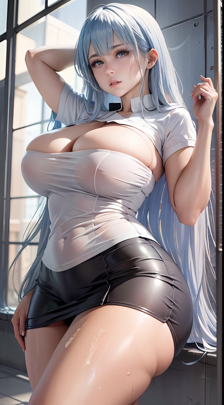 Absurd, Masterpiece, Best Quality, Realistic, Ultra Detail, (Shiny Skin, Sweat: 1.4), Milf, Gaze Viewer, 1Girl, Solo, school Wear, White  Shirt, White Sneakers, White Miniskirt, Long Hair, Silver Hair, Blue Eyes, (Thick Thighs: 0.5), Dynamic Lighting, High Resolution, Sharp Focus, Depth of Field, Huge Breasts