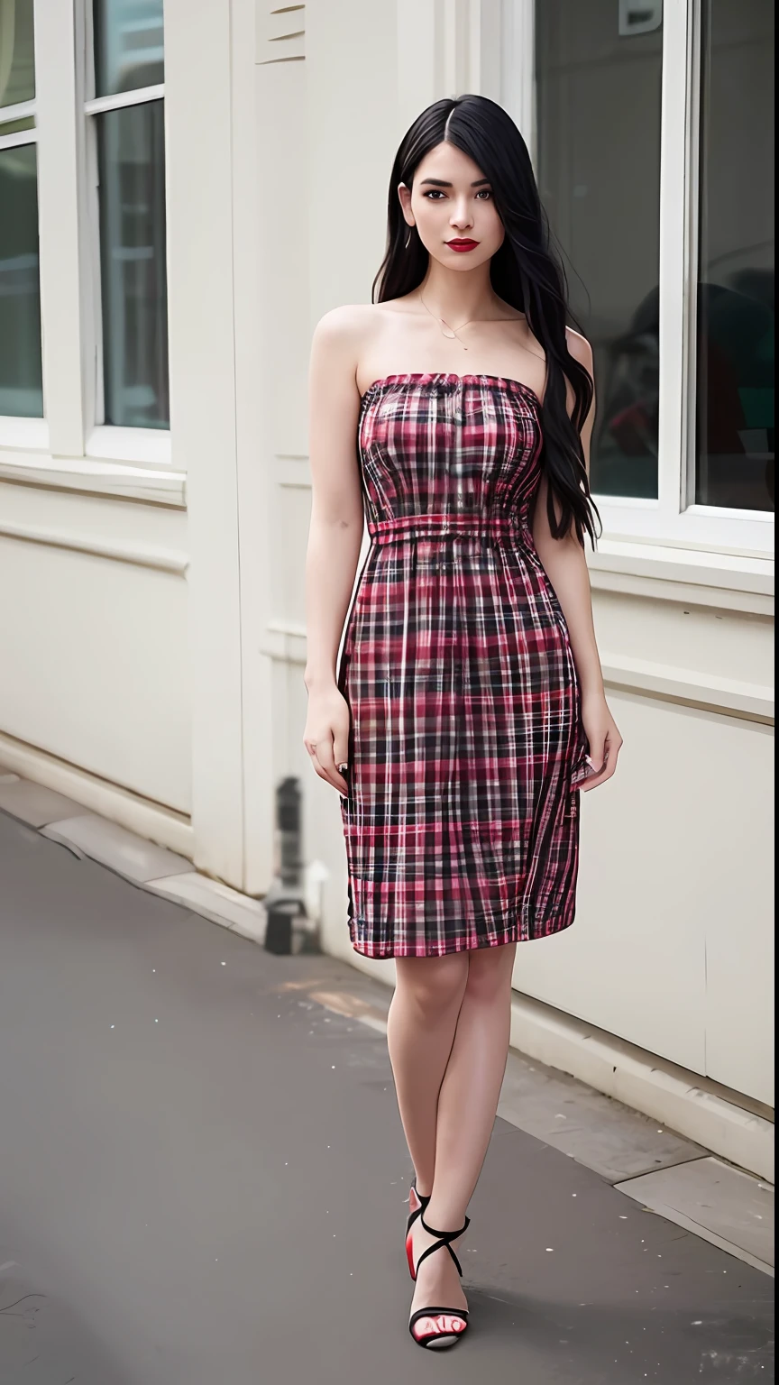 (printed plaid dress),(bare shoulders),1 girl,(full body),(stiletto heels),(short hair:1.1),(realistic:1.7),((best quality)),absurdres,(ultra high res),(photorealistic:1.6),photorealistic,octane render,(hyperrealistic:1.2), (photorealistic face:1.2), (8k), (4k), (Masterpiece),(realistic skin texture), (illustration, cinematic lighting,wallpaper),( beautiful eyes:1.2),((((perfect face)))),(cute),(standing),(smile:0.9),(black hair),(long hair),black eyes,red lips, (outdoors),