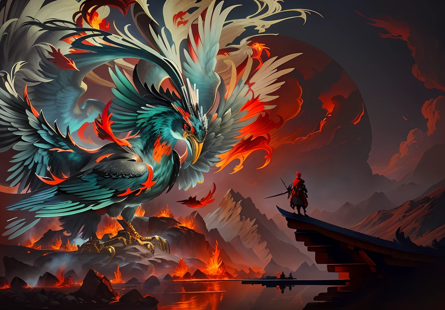 Draw a man standing in front of a giant bird in epic fantasy digital art style, inspired by Nōami, 4K detailed digital art, 4k highly detailed digital art, Detailed digital 2D fantasy art, Onmyoji detailed art, Concept art wallpaper 4K, Digital 2D fantasy art, Anime Art Wallpaper 8K anime scene of a giant firebird,Comic book style,A military general with a spear stood in front of it, Atmospheric perspective,Super detail,A high resolution,speed-line,Boss battle perspective,Size contrast,Mountain and sea sutra style,Thick coating of the board,Chinese painting style,Look up at the perspective,Don't be blue,To be red flame style