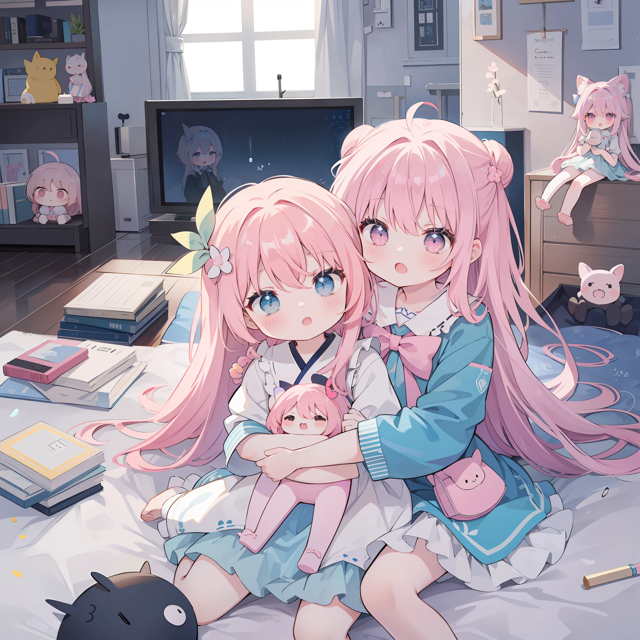 Blue Archive、Hoshino、kawaii、high-level image quality、Very drunk image quality、Hugging the doll、ignore、Opening Mouth、Pink Long Hair、Big Ahoge、Loose double knots