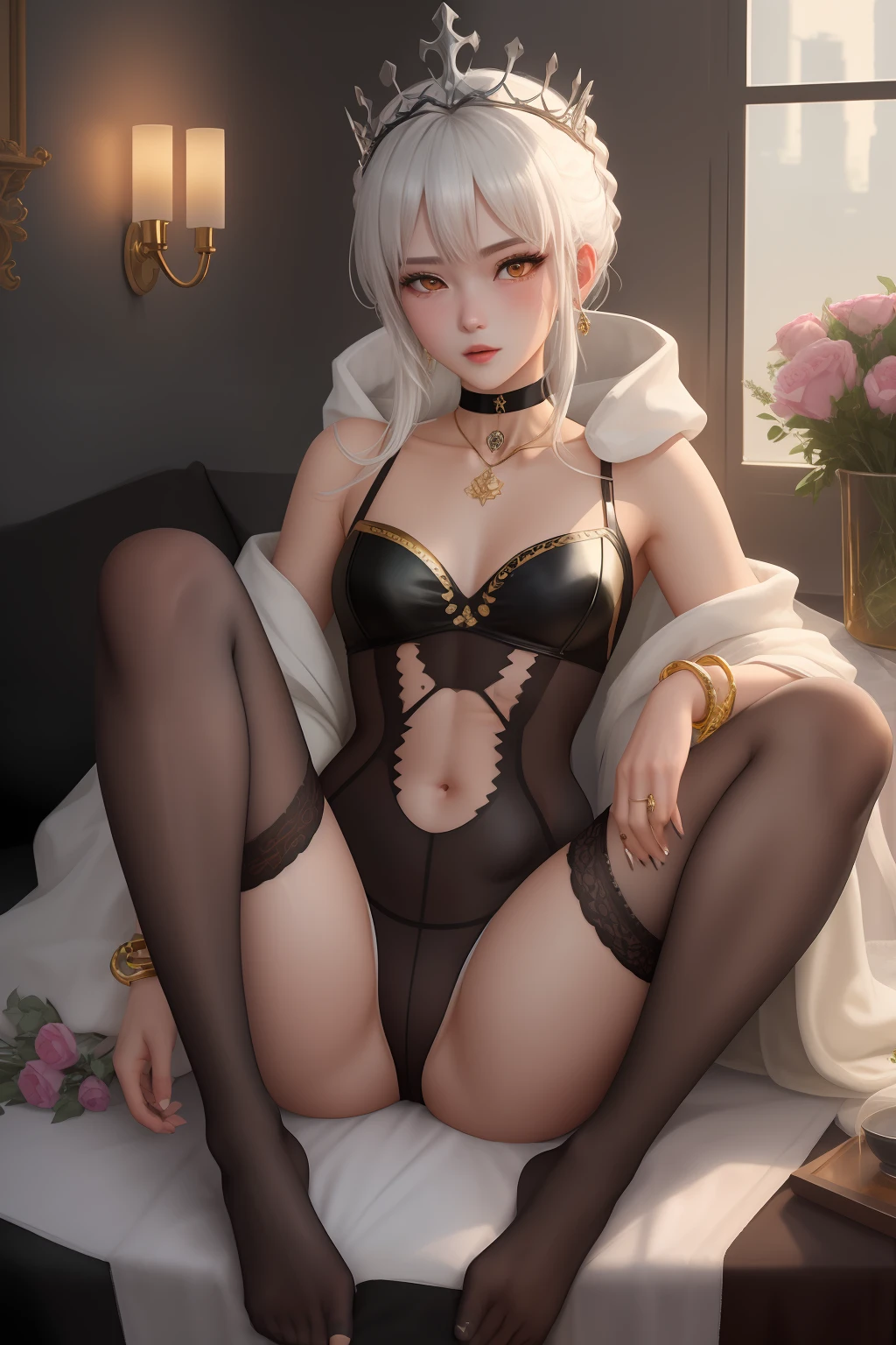 exposed ，Exposed genitals，Detailed details，超高分辨率，Artoria Pendragon，bodystocking，black sock，3个女孩 ，19years old，White hair，queen，Manteau，Clothes open，diadems，choker necklace，ear jewelry，bangle，Golden pupils，palaces，Leg to knee，with thin legs，fresh flowers，8K，Lewd expression，Blushing，Leg elevation，