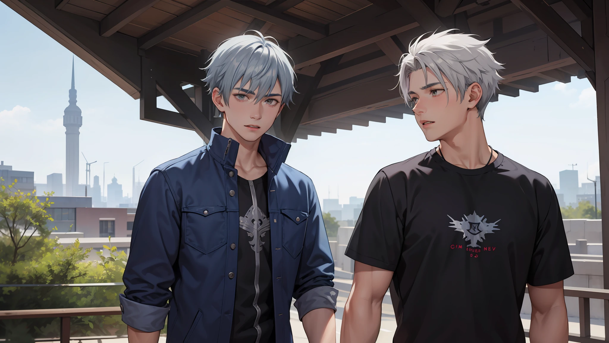 In the background is a silver city Two 15-year-old teenage friends with blue hair, With Latin skin and light gray hair on the outskirts of a large silver city they are talking about an important topic they are friends almost like brothers..................