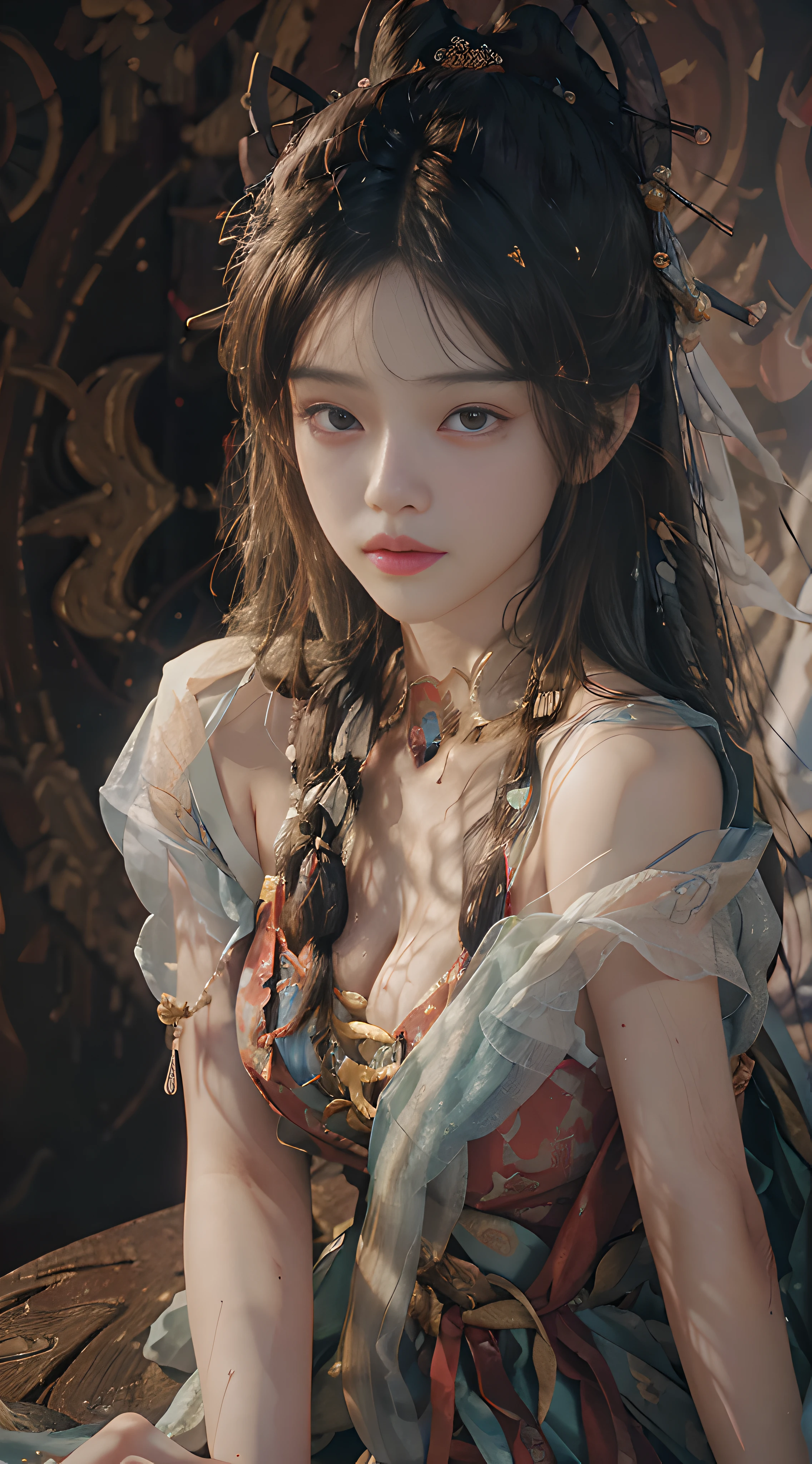 (RAW photo, best quality), (realistic, photo-realistic:1.3),best quality,highly detailed,masterpiece,ultra-detailed,illustration,1girl,upper_body,dynamic angle,world masterpiece theater,messy_long_hair,best quality,extremely detailed CG unity 8k wallpaper,ink,Amazing,cinematic lighting,lens_flare, dunhuang_style