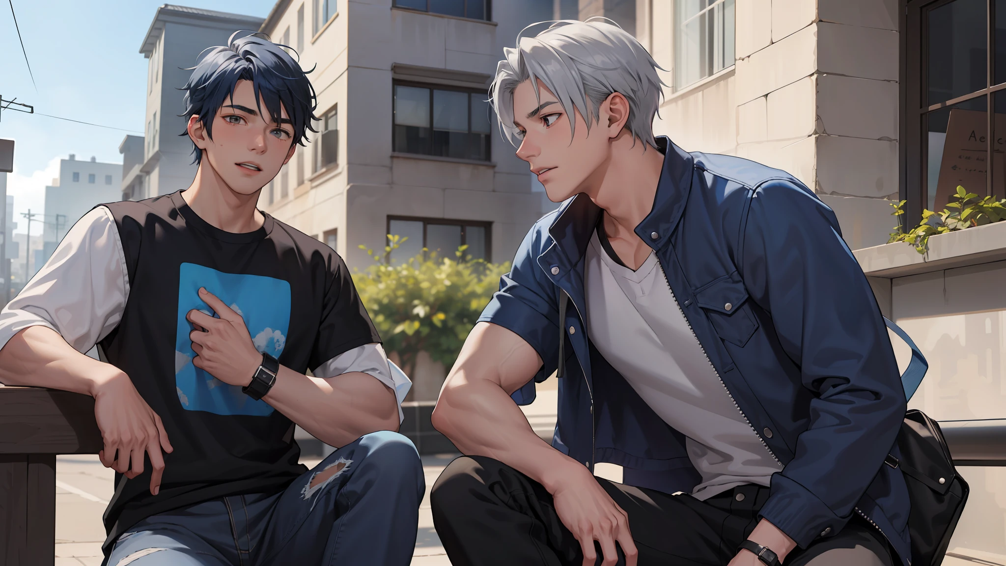 In the background is a silver city Two -yeld tege friends with blue hair, With Latin skin and light gray hair on the outskirts of a large silver city they are talking about an important topic they are friends almost like brothers..................