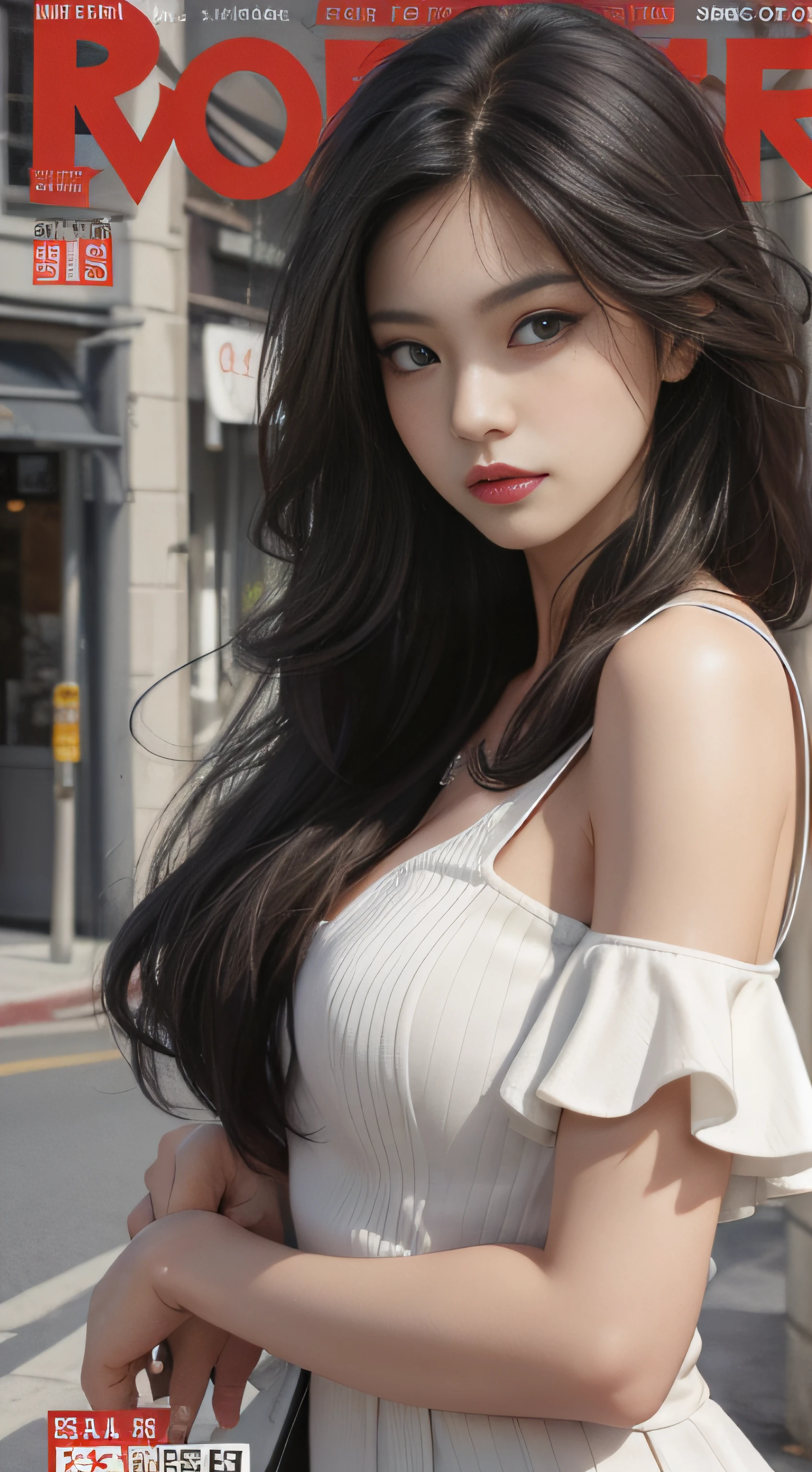 (Magazine cover style illustration of a vibrant, stylish woman dressed), Sharp focus :1.2, perfect figure beautiful woman:1.4, Slim abs:1.2, ((Layered Hair Style,)), (the street:1.2), Highly detailed facial and skin texture, A detailed eye, 二重まぶた,MagazineCover