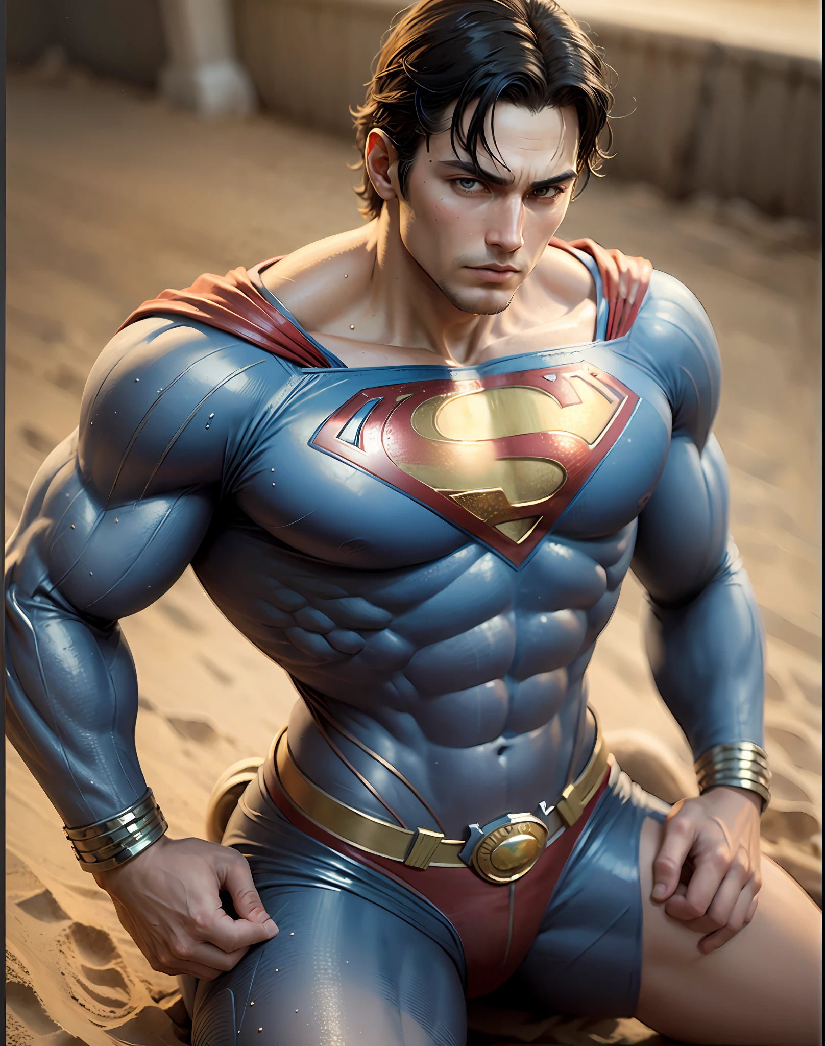 (best quality:1.33), (masterpiece:1.42), (realistic:1.24), (detailed:1.15), 1superman, superman create a sand statue