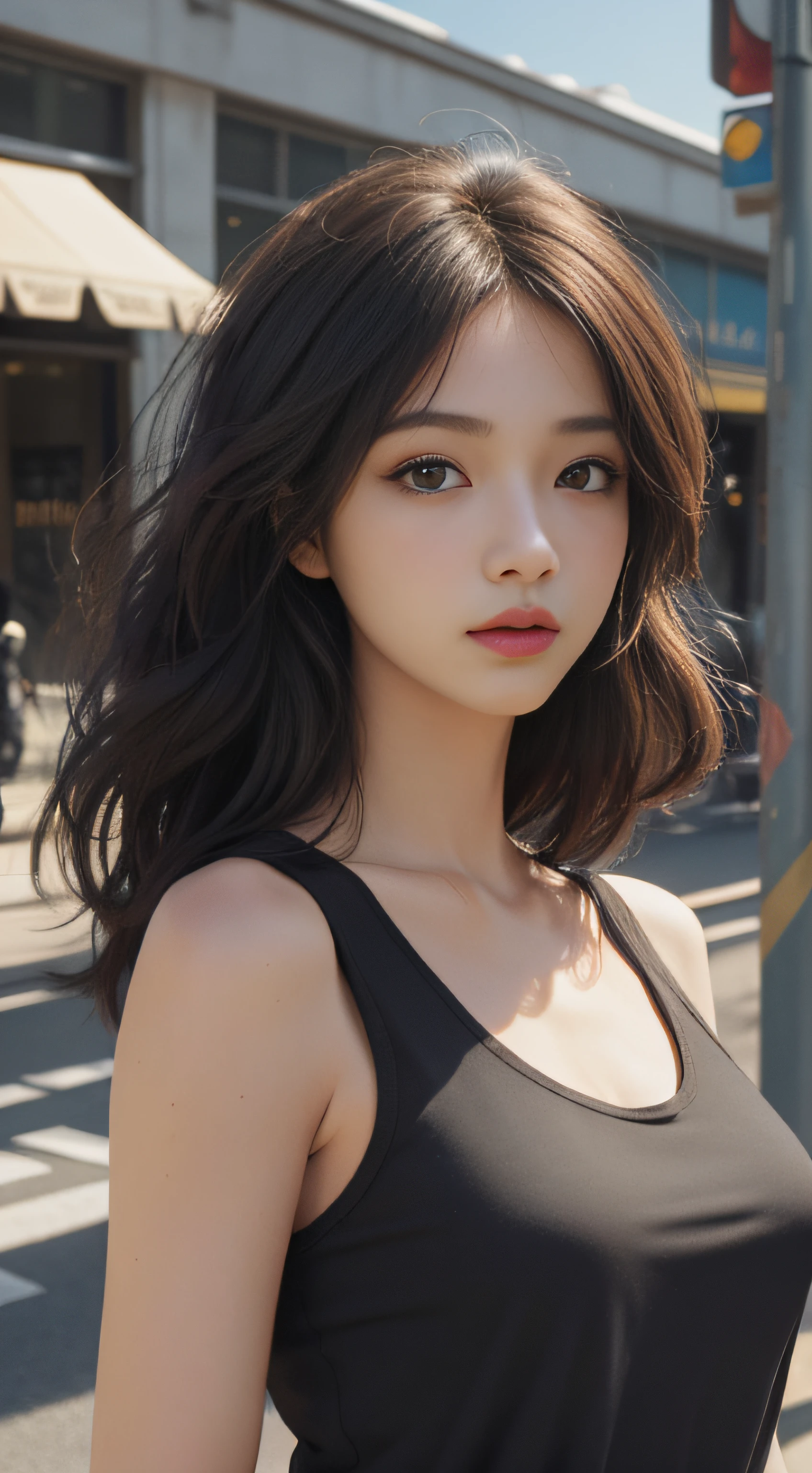 ((((best qualtiy))),(((ultra - detailed))),(((tmasterpiece))),illustratio,(Magazine cover style illustration of a vibrant, stylish woman dressed),((Best quality, 8k, Masterpiece :1.3)), Sharp focus :1.2, perfect figure beautiful woman:1.4, Slim abs:1.2, ((Layered Hair Style,)), (Tank top shirt:1.1 ), (the street:1.2), Highly detailed facial and skin texture, A detailed eye, 二重まぶた
