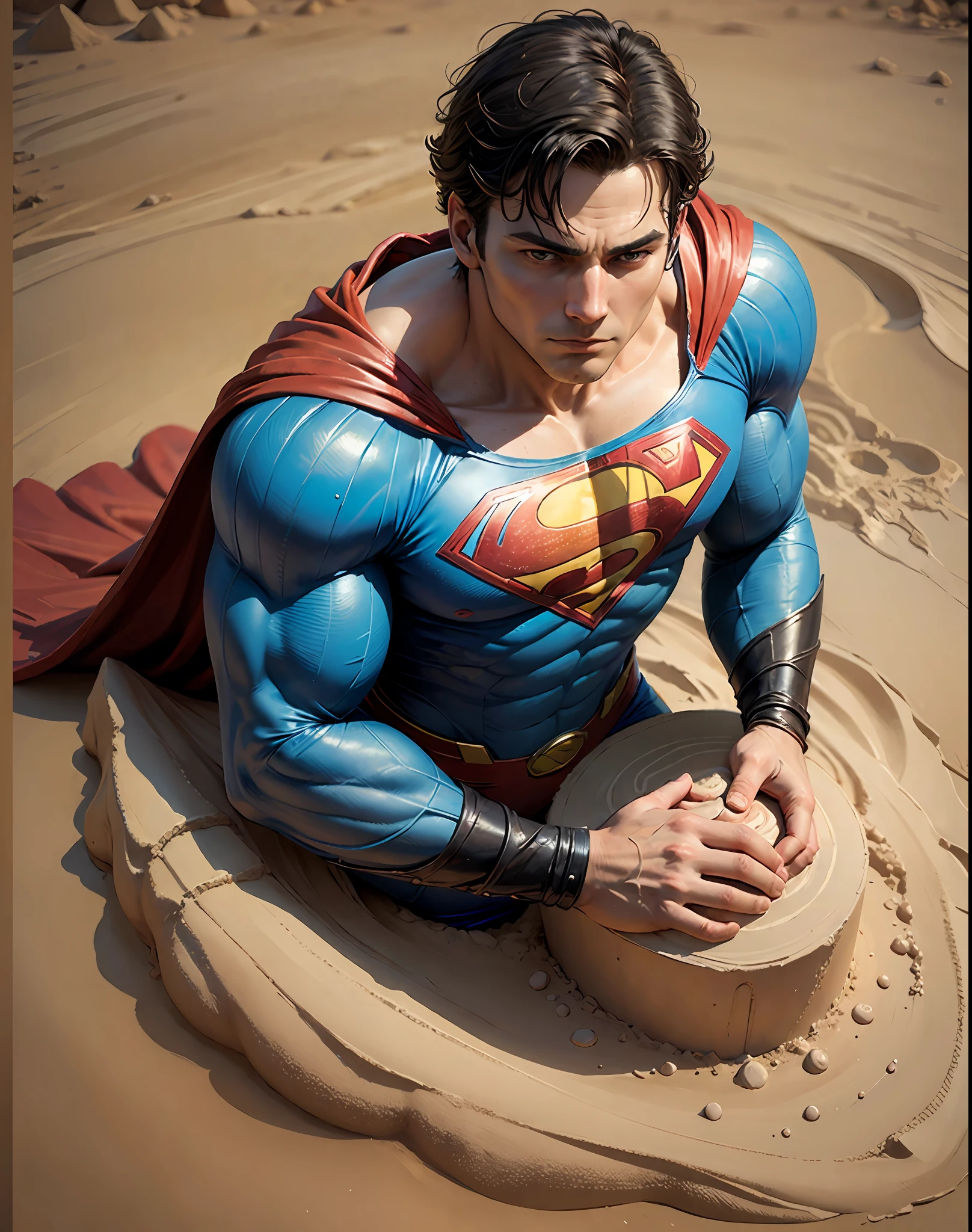(best quality:1.33), (masterpiece:1.42), (realistic:1.24), (detailed:1.15), 1superman, superman create a sand statue