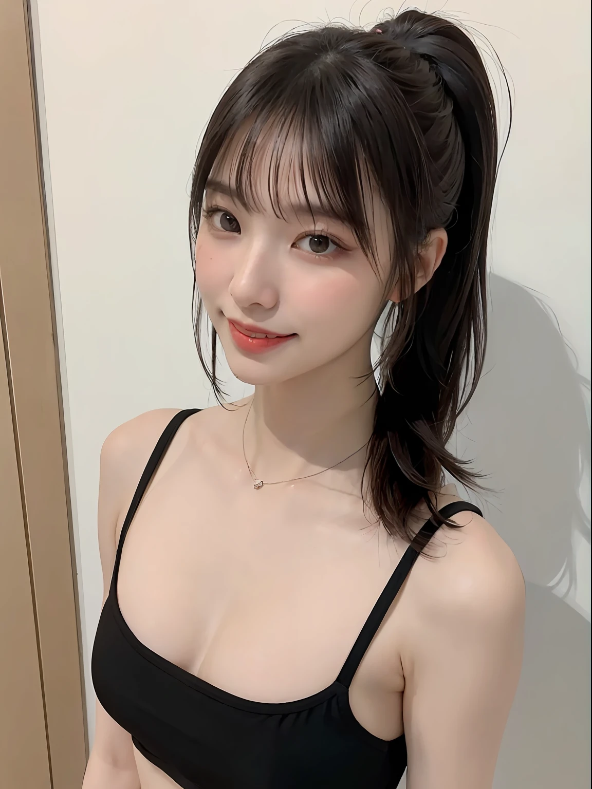 ((top-quality、in 8K、masterpies:1.3))、1girl in、Beautiful woman with slim abs accent:1.3、Super Detail Face、Delicat eyes、二重まぶた、full body Esbian、poneyTail、20yr old、be shy、Brown hair、Street、The bikini、A smile、erotick、Sensual look、A smile、sexy pose、semi long hair