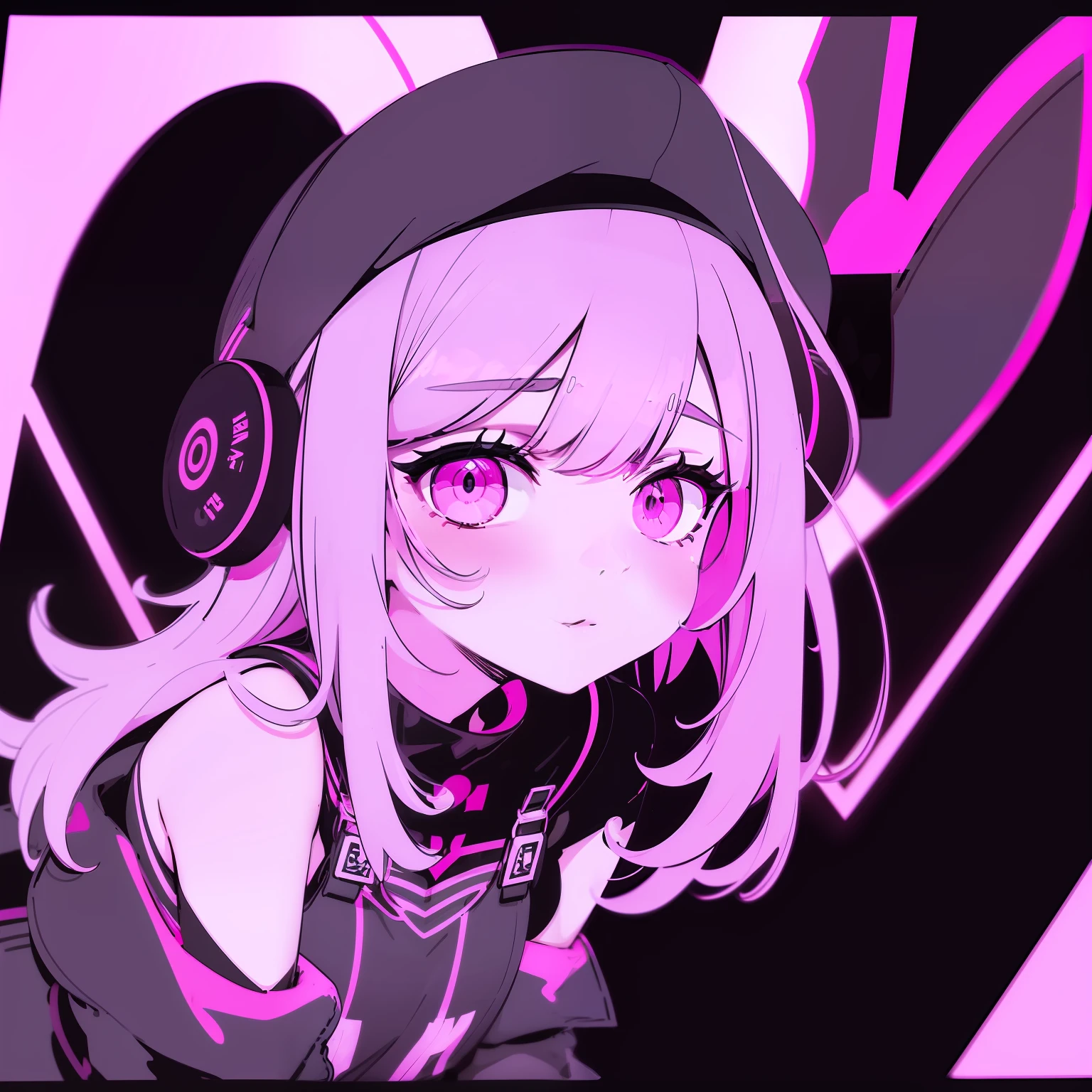 1 synth wave style girl, extremely detailed CG ,(masterpiece), (flat color:1.5), (best quality), (limited palette) , pink fluorescent paint, , noline art, silhouette, partially colored, (alternate color):1.4, dynamic angle, (pink, dark violet):1.3, dark violet shadow, (synth wave), (chromatic aberration) , (((thick) outline)), pink outline, (solo focus), pink neon lights, perfect shadow, cowboy shot, blank stare, beret, bowknot on beret, flat chest, wearing an off- shoulder floating jacket, short wavy delicate hair, blank stare, delicate face, bare shoulder, sitting on the top of the building,  beautiful and delicate eyes, (1 girl):1.5, solo, from above, delicate background, streets with neon lights