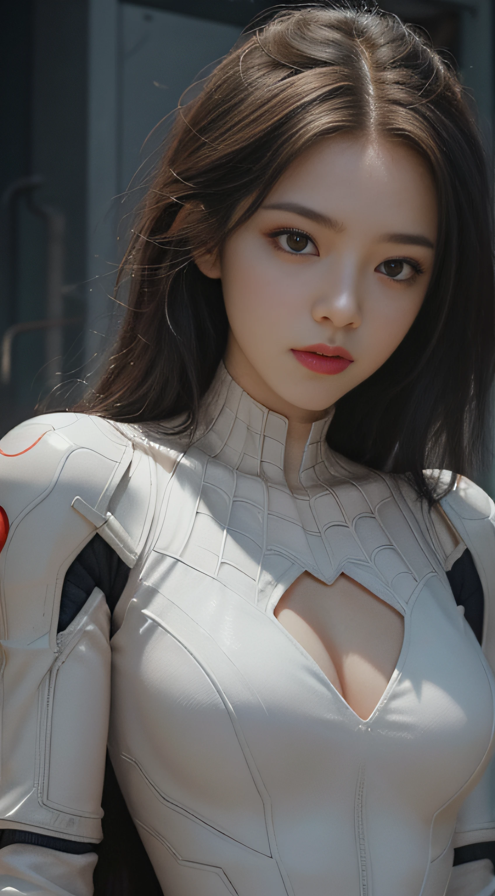 A mech girl，He has a delicate and beautiful face，（（White cyborg body）），Favor the details，Local close-up，There are weapons，Spidey，Spider-Man from Marvel，filmgrain，No chest leakage，Bigchest