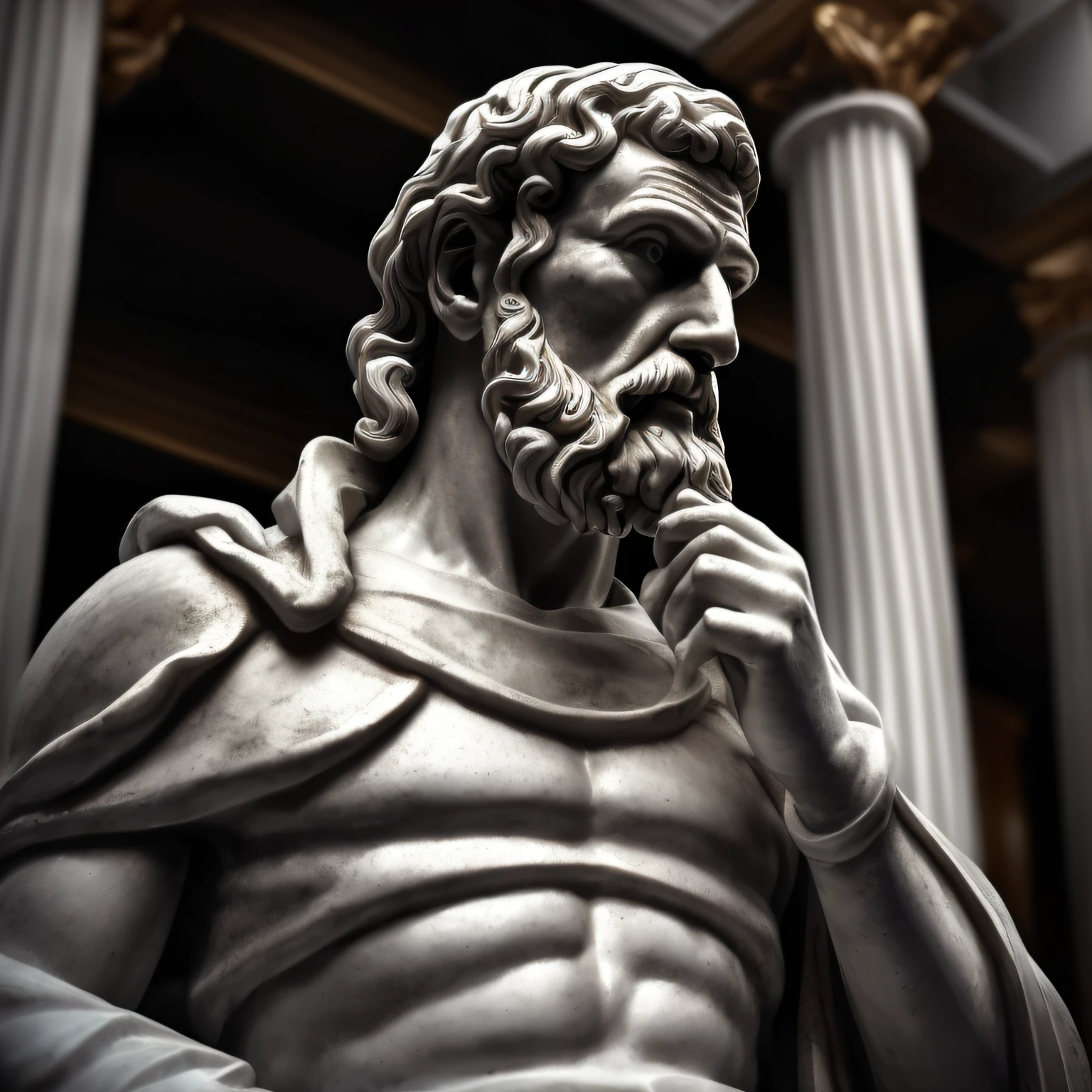 Seneca, close-up of a classic wise greek philosopher, statue in a temple, stoic posture, greek god, wisdom, cinematic feel, black and white, ultra realistic, ultra detailed and handcrafted in every aspect, dark