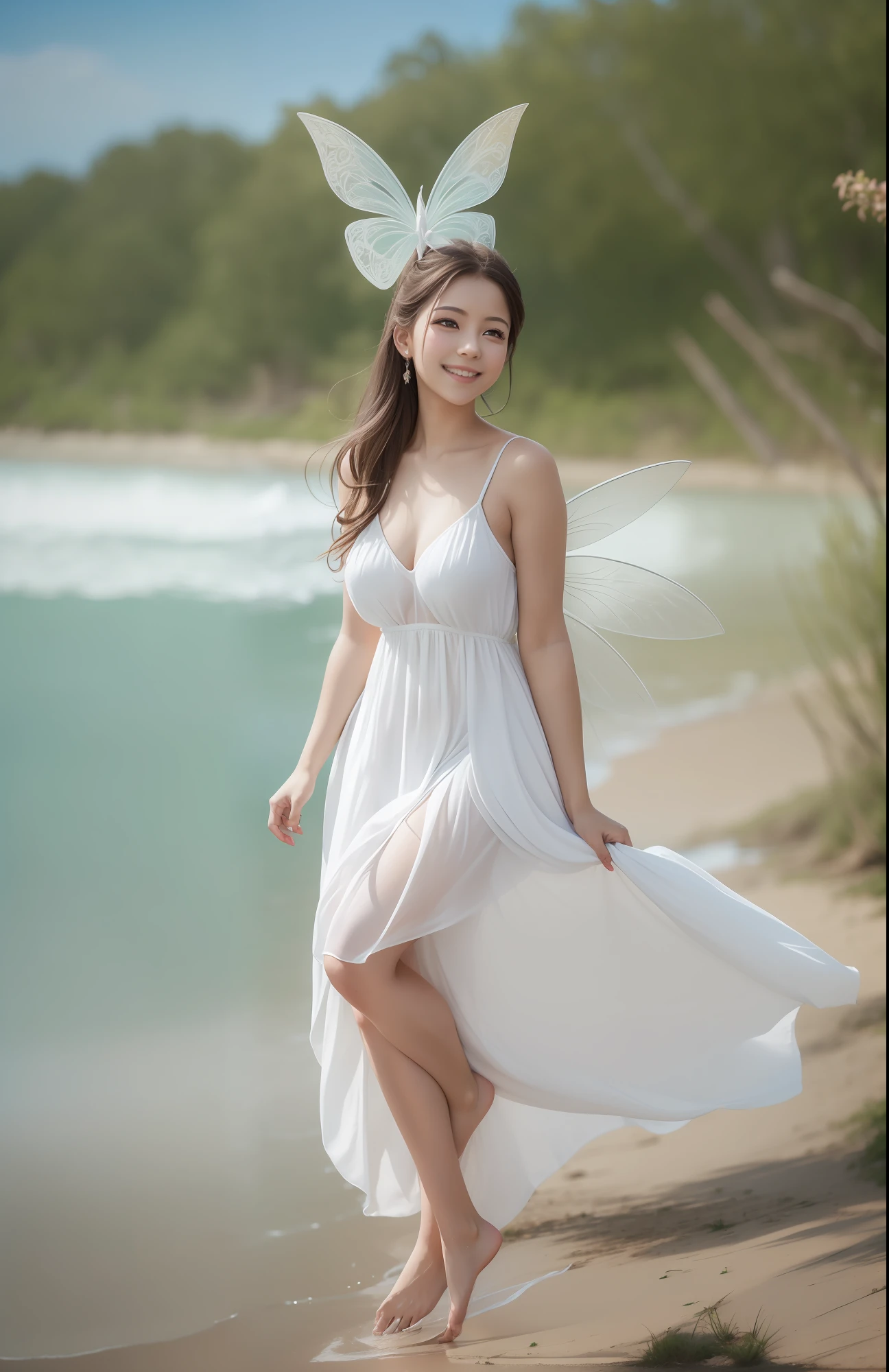 being thin、Photo of gorgeous 20-year-old Finnish fairy wearing (White flowing dress:1.2) And (Delicate fairy wings:1.2), Grinning, (looking in camera:1.1), (Sateen:1.1), On the beautiful seaside:,, masutepiece, Barefoot, (Natural lighting:0.8), 8K, ((Realistic)), F/1.1, , the woods、covering the navel、hiding breast、Hide legs、(Curvaceous)femele(flawless skin:1.11)And(teats:1.1)、A smile、full body Esbian、Beautiful standing figure、Sea Fairy、Beautiful summer sky