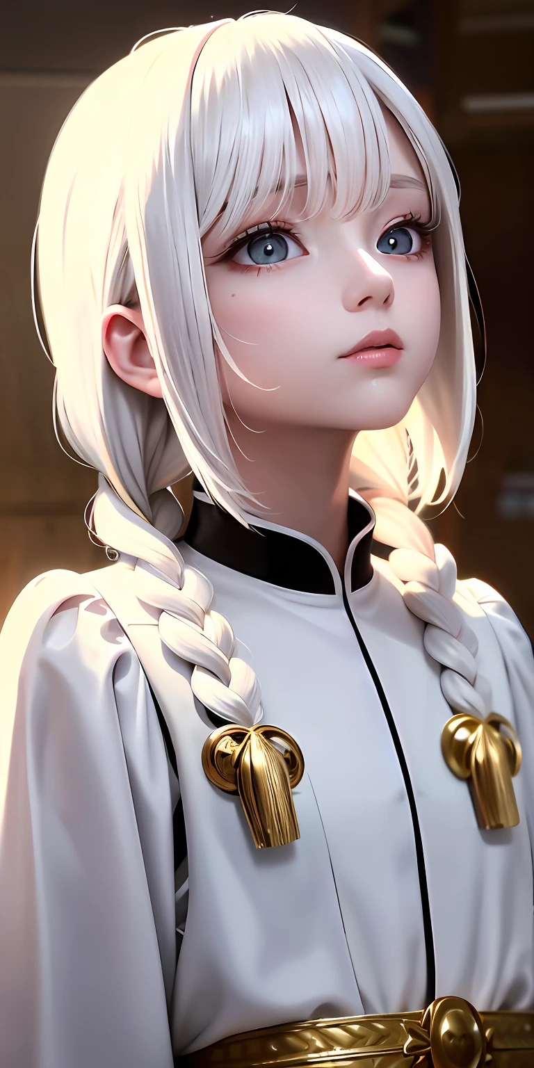 best quality, masterpiece,white hair, gold eyes,white clothes, looking up, upper body,hair strand,Fair skin,side braids