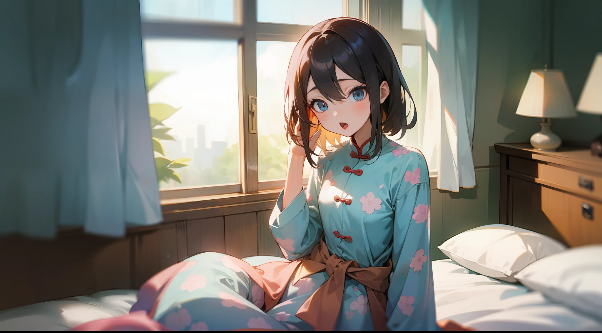 Chinese 90s,A girl in her pajamas just got up from the bed,Yawning,Bracing your waist。