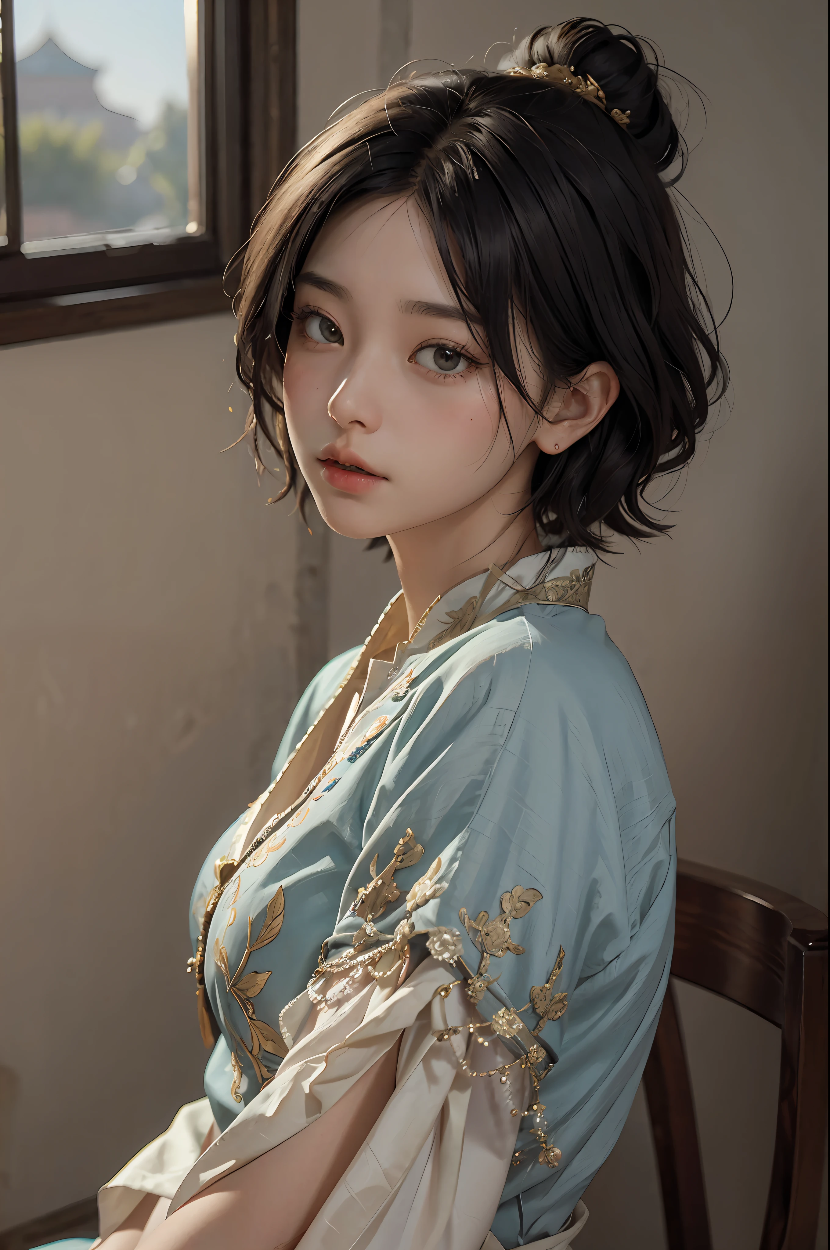 (RAW Photography、top-quality)、(realisitic、Photorealsitic:1.3)、top-quality、high-detail、​masterpiece、ultra-detailliert、illustratio、1girl、((very_short_hair))、dynamic ungle、world masterpiece theater、messy_black_hair、top-quality、the Extremely Detailed CG Unity 8K Wallpapers、inky、magnifica、电影灯光、lens_flare、dunhuang_style