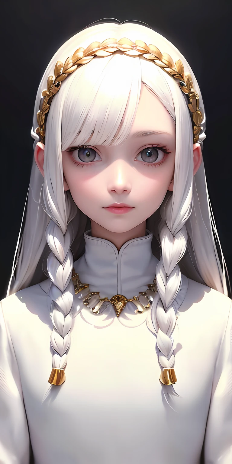 best quality, masterpiece,white hair, gold eyes,white clothes, looking up, upper body,hair strand,Fair skin,side braids