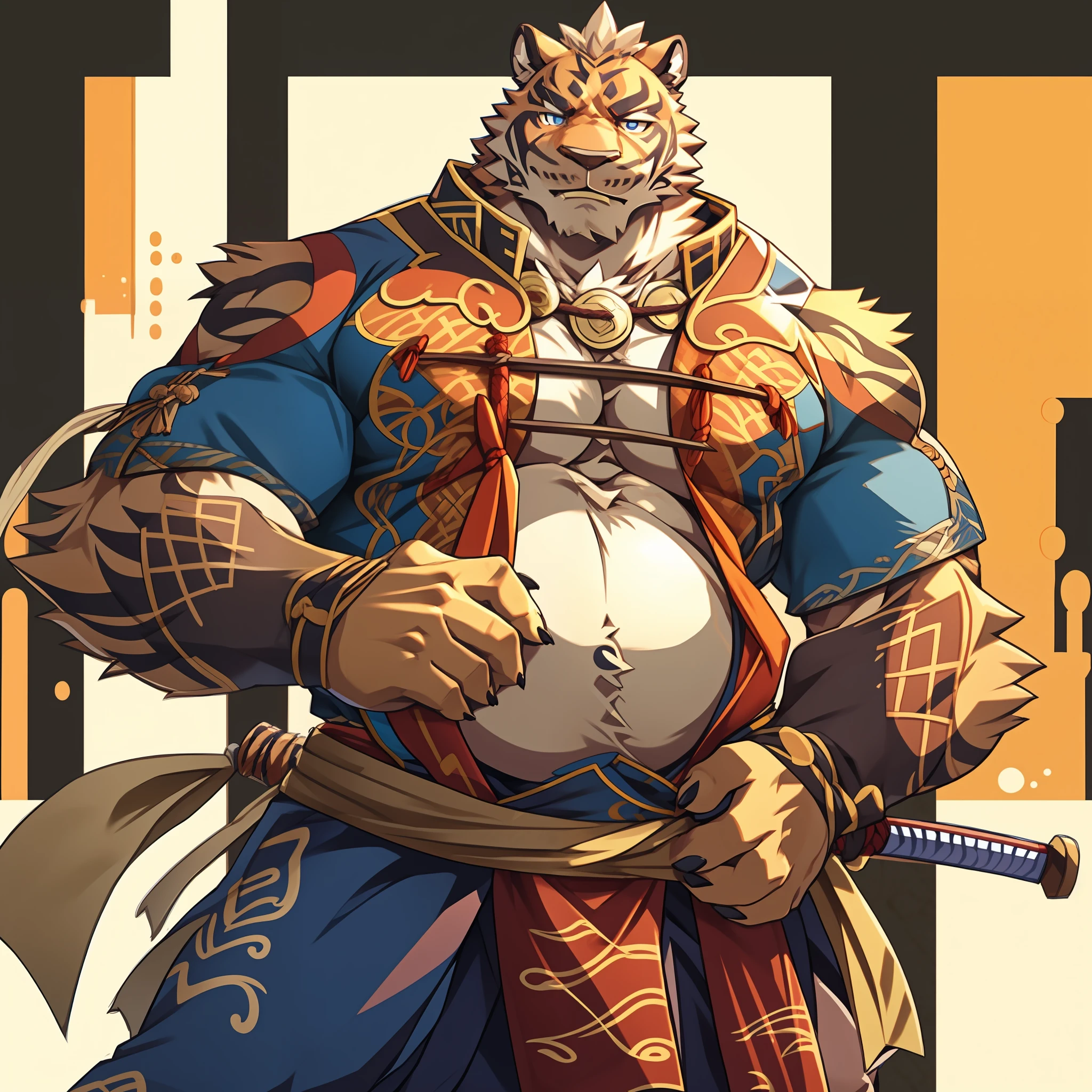 Lin Hu,musculature,tit,Fat Chubby,Wear a katana,potbelly,Plump and firm,Huge protrusions on the lower body,Wear a katana,Samurai style,carrying swords on his back,Five fingers,byself,Put your hands in your pockets