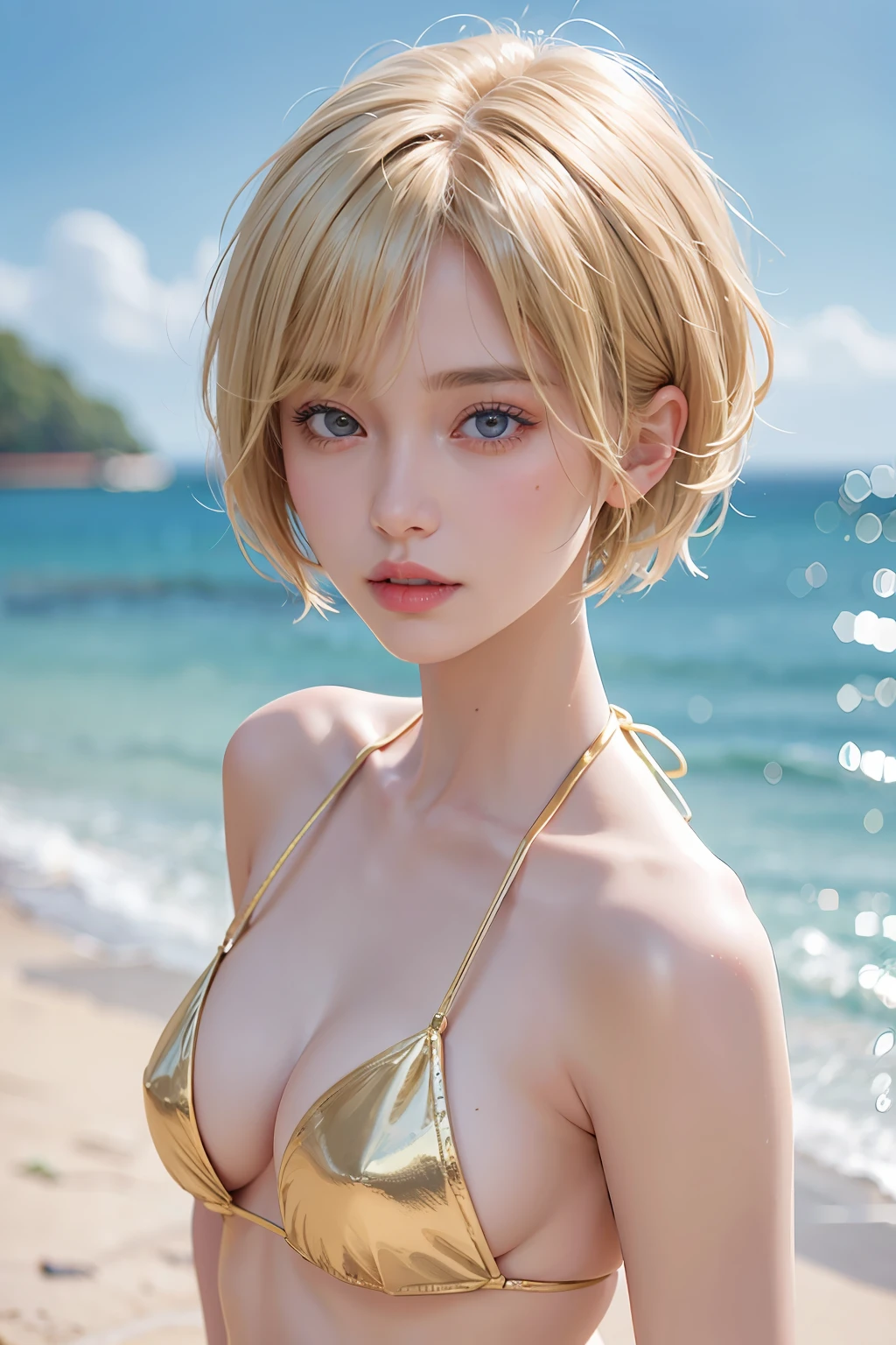 (master-piece: 1.3), (10, photorealistic portrait, RAW photo, bestquality: 1.4), (1girls), Exquisite Face, (realistic face), (Blonde Hair, Short hairstyles:1.3), beautiful hairstyle, Realistic eyes, beautiful detail eyes, (Realistic skin), nice skin, (bikini), Absurd, attractive, ultra-high resolution, ultra realistic, high-detail, golden ratio,sea,beach,