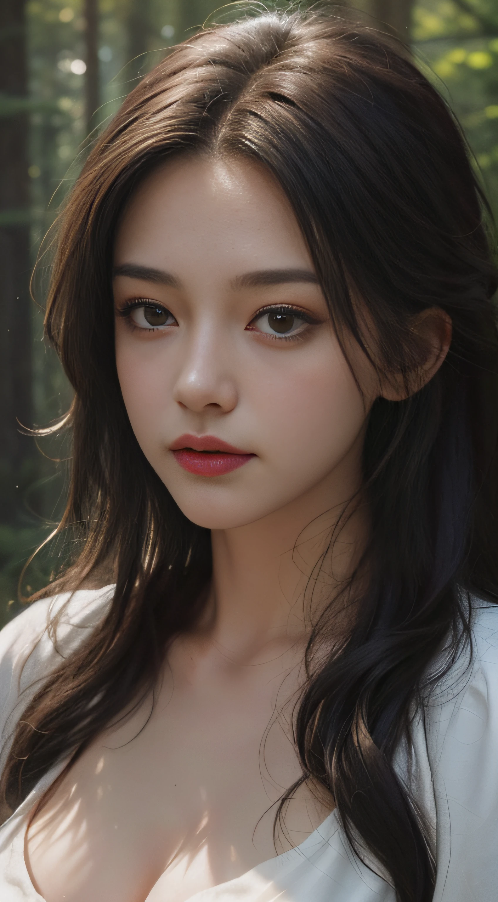 (Bigchest:1.2)closeup cleavage,ln the forest,hillside,Quiet,Rustic,High-definition details、Hyper-detailing、cinematic ligh、ultra-realistic realism、Soft light、Deep field focus bokeh、real photograph,There are sweaty hairs,Sunny with blue sky,beautiful cloud