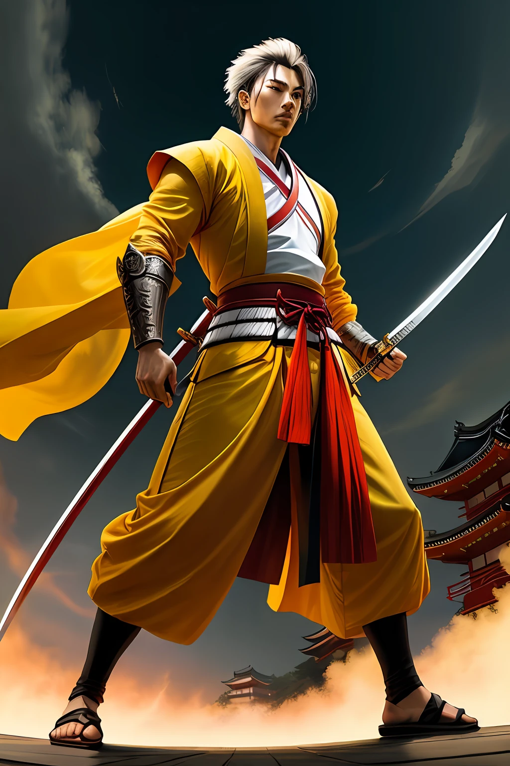 full body low angle shot of a intimidating male human sacred japanese swordsman who uses two big swords, D&D style, yellow clothes, no armor