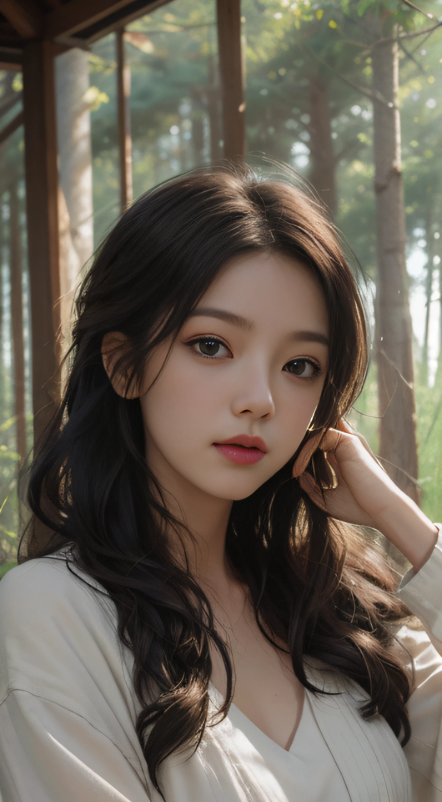 ln the forest,hillside,Quiet,Rustic,High-definition details、Hyper-detailing、cinematic ligh、ultra-realistic realism、Soft light、Deep field focus bokeh、