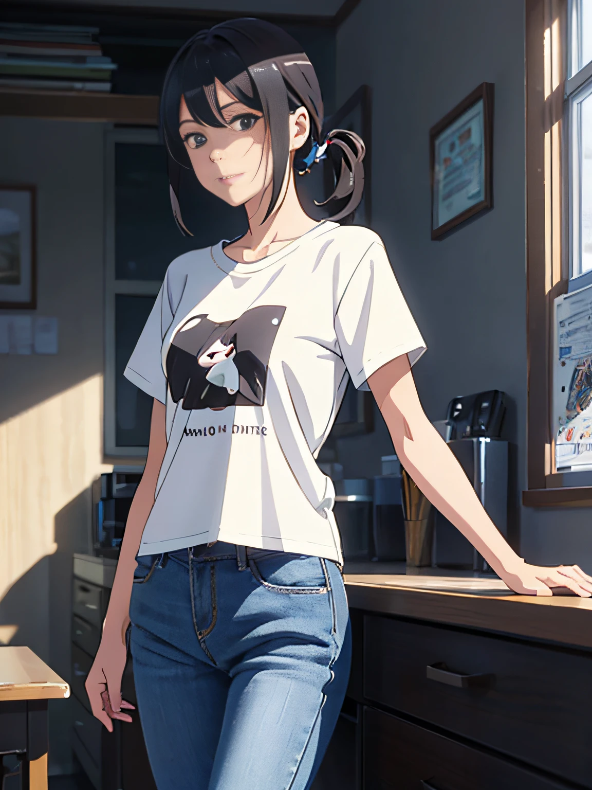 High picture quality、high resolution CG illustration、White T-shirt、Blue jeans、Girl with black hair tied back、Magic gems shine、Anime style