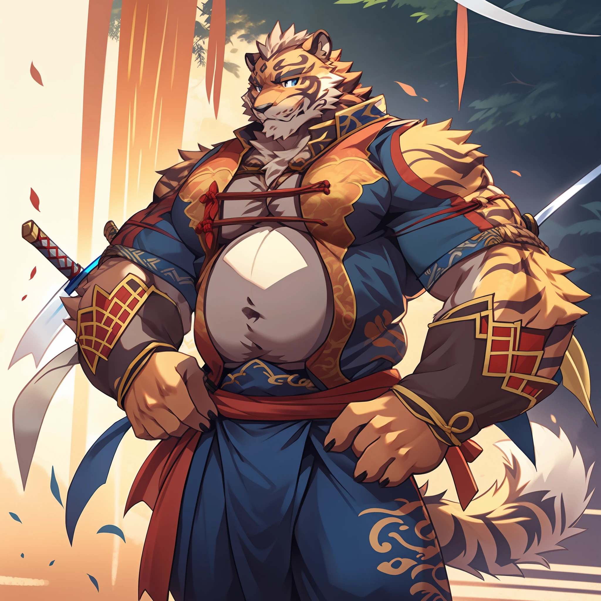 Lin Hu，musculature，tit，Fat Chubby，Wear a katana，potbelly，Plump and firm，Huge protrusions on the lower body，Wear a katana，Samurai style，carrying swords on his back，Five fingers，byself，Put your hands in your pockets