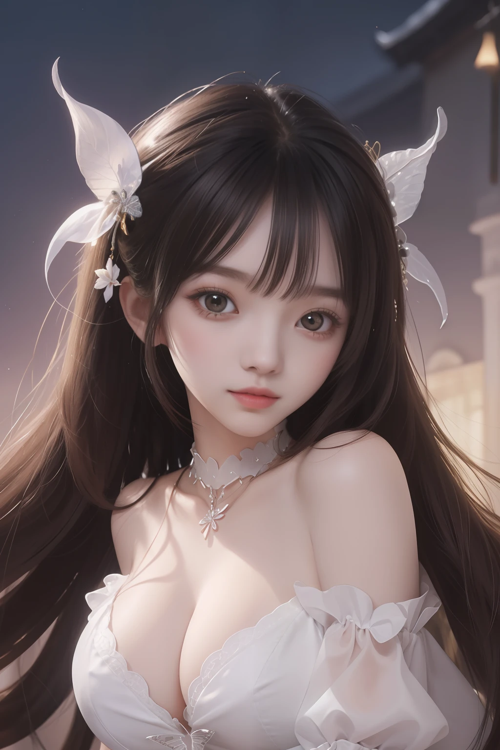 1girll， 独奏， jewely， choker necklace， looking at viewert， long whitr hair， double tails， Realistis， By bangs， hair adornments， cparted lips， 鎖骨， Keep one's mouth shut， brown  hair， Butterfly hair ornaments， white dresses，big cleavage breasts， Bigchest， low chest，full bodyesbian， ssmile