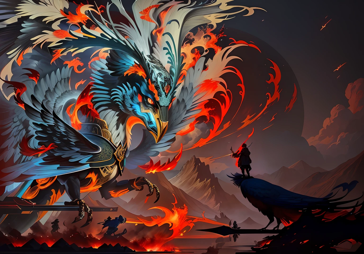 Draw a man standing in front of a giant bird in epic fantasy digital art style, inspired by Nōami, 4K detailed digital art, 4k highly detailed digital art, Detailed digital 2D fantasy art, Onmyoji detailed art, Concept art wallpaper 4K, Digital 2D fantasy art, Anime Art Wallpaper 8K anime scene of a giant firebird,Comic book style,A military general with a spear stood in front of it, Atmospheric perspective,Super detail,A high resolution,speed-line,Boss battle perspective,Size contrast,Mountain and sea sutra style,Thick coating of the board,Chinese painting style,Look up at the perspective,Don't be blue,To be red flame style
