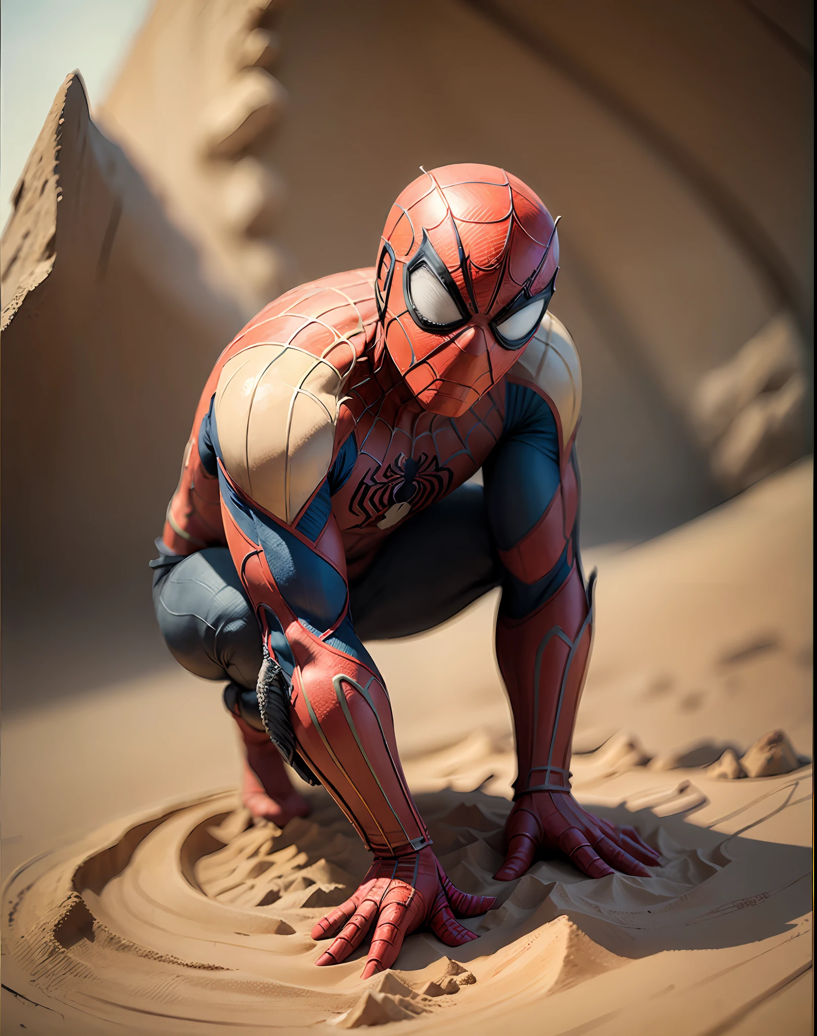 (best quality:1.33), (masterpiece:1.42), (realistic:1.24), (detailed:1.15), 1spiderman, spiderman create a sand statue